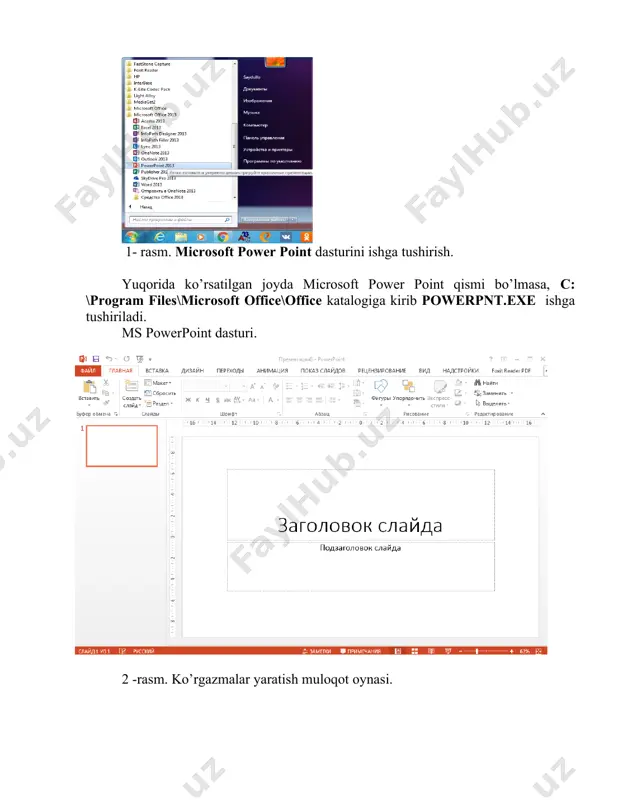 aydi. power point adp - universal, imkoniyatlari keng bo’lgan, ko’rgazmali grafika amaliy dasturlari tarkibiga kiradi va matn, rasm, chizma, grafiklar, animatsiya effektlari, ovoz, videorolik va boshqalardan tashkil topgan slaydlarni yaratish imkonini beradi. power point yaratgan hujjatlarini officening boshqa muxarrirlariga, web sahifa ko’rinishida, rasm ko’rinishida (*.bmp,*.jpg) va boshqa ko’rinishlarda eksport qilish imkoni ham berilgan. power point adp misrosoft firmasining prezentatsiyalar bilan ishlash uchun eng qulay bo’lgan dasturiy vositalardan biridir. bu dastur orqali barcha ko’rgazmali qurollarni yaratish va ba’zi joylarda esa ma’lumotlar bazasi sifatida ham qo’llash mumkin. ayrim hollarda bu dasturdan mulьtimedia vositalarini boshqarish va ularni ko’llab, namoyish etuvchi qurilmalarga yuborish vazifalarini ham bajarish mumkin. dasturdagi asosiy tushunchalar bu - s l a y d va pryezyentatsiya tushunchalaridir. slaydlar ketma-ketligidan iborat tayyor ko’rgazmani shk ekranida, videomonitorda, katta ekranda namoyish qilish mumkin. ko’rgazmani tashkil qilish - slaydlar ketma-ketligini loyihalash va jihozlashdan iboratdir. slayd - ma’lum bir o’lcham va ma’noga ega bo’lgan muloqot varaqlari …
