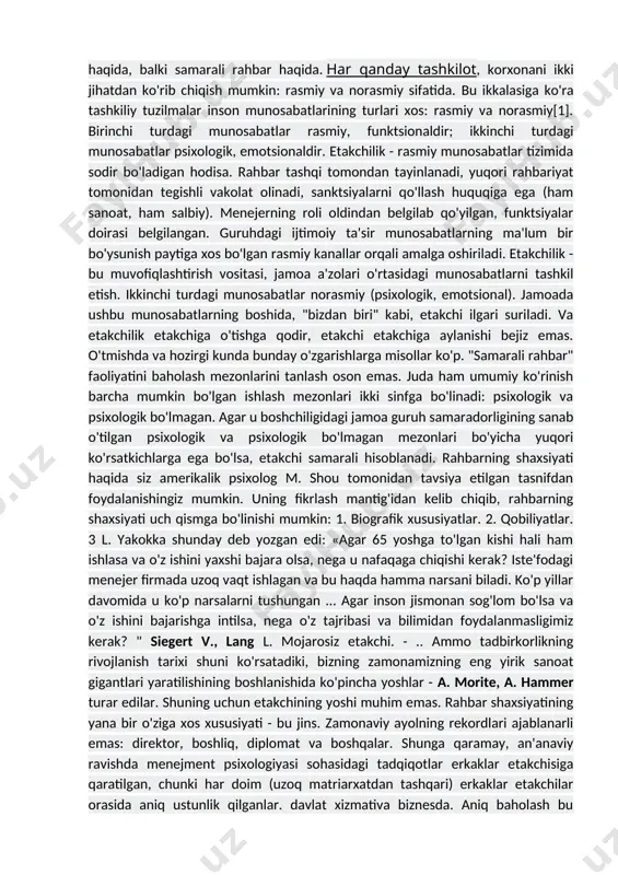k? " siegert v., lang l. mojarosiz etakchi. - .. ammo tadbirkorlikning rivojlanish tarixi shuni ko'rsatadiki, bizning zamonamizning eng yirik sanoat gigantlari yaratilishining boshlanishida ko'pincha yoshlar - a. morite, a. hammer turar edilar. shuning uchun etakchining yoshi muhim emas. rahbar shaxsiyatining yana bir o'ziga xos xususiyati - bu jins. zamonaviy ayolning rekordlari ajablanarli emas: direktor, boshliq, diplomat va boshqalar. shunga qaramay, an'anaviy ravishda menejment psixologiyasi sohasidagi tadqiqotlar erkaklar etakchisiga qaratilgan, chunki har doim (uzoq matriarxatdan tashqari) erkaklar etakchilar orasida aniq ustunlik qilganlar. davlat xizmativa biznesda. aniq baholash bu muammo boshqaruv psixologiyasida, yo'q. hozircha kim etakchi sifatida samaraliroqligini aytish qiyin: erkak yoki ayol. yoshi va jinsidan farqli o'laroq, ijtimoiy-iqtisodiy holat va ma'lumot etakchilik uchun juda muhimdir.[3] vaziyat ta'lim darajasi etakchining karerasida muhim rol o'ynaydi, deb ta'kidlaydi ko'plab mualliflar (l. yakokka, r. maknamara, a. morita). hozirgi vaqtda bizning mamlakatimizda ko'plab menejerlar ikkita mutaxassislik (muhandislik, iqtisodiy va ijtimoiy fanlar) bo'yicha diplomga ega, chet …