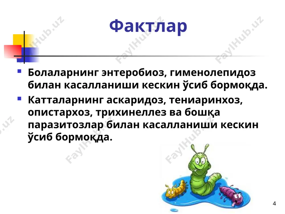 ндан катталарга – 0,1 г. самарадорлиги – 80-87%. медамин – суткасига 10 мг/кг дан 3 марта қабул қилиш учун (барча дозасини бирданига қабул қилиш мумкин), овқатдан кейин, кўп миқдордаги сув билан қабул қилинади. самарадорлиги – 92%. даволаш самарадорлигининг назорати даволаш курси тугагач 15 кундан кейин ўтказилади. гименолепидоз – антропоноз ичак гельминтози ошқозон-ичак трактининг шикастланиши билан кечади. қўзғатувчиси. пакана гижжа (hymenolepis nana) – одам ва баъзи сичқонсимон кемирувчиларда паразитлик қилади. морфологияси: майда гермофрадит цестода, узунлиги 0,5-5,0 см, танаси 200-300 та бўғимлардан тузилган, бошчаси 4 та сўрғич ва 20-30 та илмоқчалардан иборат. охирги бўғимлари тўлиқ етилган бўғимлардан иборат. паразитнинг одам организмидаги ҳаёти давомийлиги 1-2 ой. бироқ, кўп марталик экзоген юқтириш, ичак ичида “ўз-ўзига юқтириш” (аутоинвазия) ёки “такроран ўз-ўзига юқтириш” (аутосуперинвазия) ҳисобига инвазия бирмунча узоқ давом этиши мумкин. одам организмида юзлаб жинсий етилган гижжаларни аниқлаш мумкин. геминолепидоз − hymenolepis nana (vampirolepis nana) гименолепидоз қўзғатувчиси – пакана гижжанинг ҳаёт цикли гименолепидознинг патогенези гименолепидознинг патогенезида …