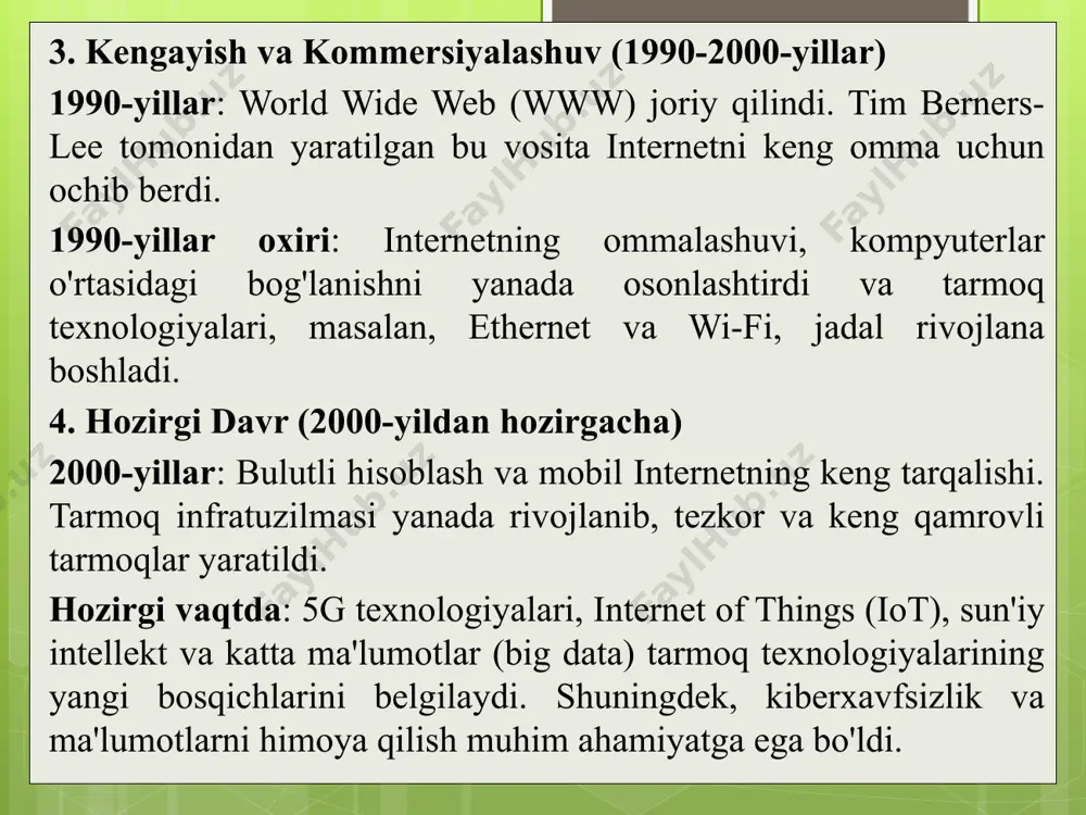 armoq protokollari: tcp/ip (transmission control protocol/internet protocol): tarmoqdagi ma'lumotlarni paketlarga ajratib uzatadi va ma'lumotlarni manzilga yetkazadi. bu protokol to‘plami internetning asosiy protokollaridan biridir. http/https (hypertext transfer protocol / hypertext transfer protocol secure): veb sahifalarni uzatish va xavfsiz veb-aloqalarni ta'minlash uchun ishlatiladi. ftp (file transfer protocol): fayllarni tarmoq orqali uzatish uchun ishlatiladi. smtp (simple mail transfer protocol): elektron pochta xabarlarini yuborish uchun ishlatiladi. dns (domain name system): domen nomlarini ip manziliga aylantiradi, bu esa veb sahifalarga kirishni osonlashtiradi. tarmoq topologiyasi: star (yulduz) topologiyasi: tarmoq qurilmalari markaziy qurilmaga (masalan, switch yoki hub) ulanadi. bus (avtobus) topologiyasi: barcha qurilmalar bitta markaziy kabelda ulanadi. ring (halqa) topologiyasi: qurilmalar bir-biriga halqa shaklida ulanadi, va ma'lumotlar halqa orqali aylanadi. mesh (tarmoq) topologiyasi: har bir qurilma boshqa qurilmalarga to‘g‘ridan-to‘g‘ri ulanadi, bu orqali yuqori darajadagi ishonchlilik va zaxiralarni ta’minlaydi. tarmoq xizmati: dns (domain name system): domen nomlarini ip manziliga tarjima qiladi, bu internetda resurslarga kirishni osonlashtiradi. dhcp (dynamic …