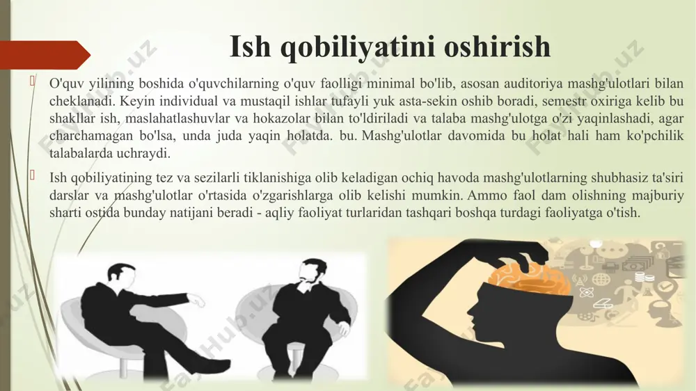 y va ijtimoiy farovonlik holati. salomatlik tuzilishida uchta asosiy komponent mavjud: jismoniy salomatlik - bu organizmning asosiy fiziologik tizimlarining integral ko'rsatkichlari fiziologik me'yor chegaralarida joylashgan va insonning atrof-muhit bilan o'zaro ta'sirida adekvat o'zgarib turadigan tananing holati. ruhiy salomatlik - ma'lum bir jamiyat uchun ijtimoiy muhit bilan adekvat intellektual, hissiy va ongli-ixtiyoriy o'zaro ta'sir. ijtimoiy salomatlik - bu insonning normal axloqiy va axloqiy namoyon bo'lishini ta'minlaydigan va ovqatlanish darajasi, uy-joy sharoitlari, mehnat va dam olish sharoitlariga bog'liq bo'lgan axborot modellarining tuzilishi. sog'lom turmush tarzi - bu insonning sog'lig'ini saqlash, kasalliklarning oldini olish va butun inson tanasini mustahkamlashga qaratilgan turmush tarzi. sog'lom turmush tarzining asosiy tarkibiy qismlariga quyidagilar kiradi: ish va dam olish rejimi; uyquni tashkil qilish; parhez; vosita faoliyatini tashkil etish; sanitariya, gigiena, qattiqlashuv talablariga rioya qilish; yomon odatlarning oldini olish; shaxslararo muloqot madaniyati; organizmni psixofizik jihatdan tartibga solish; jinsiy xulq-atvor madaniyati. ish va dam rejimi ish va dam rejimi individual …