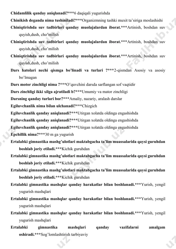 aqiqali yugurishda chinikish deganda nima tushiniladi?***organizmning tashki muxit ta’siriga moslashishi chiniqtirishda suv tadbirlari qanday muolajalardan iborat.***artinish, boshdan suv quyish,dush, cho’milish chiniqtirishda suv tadbirlari qanday muolajalardan iborat.***artinish, boshdan suv quyish,dush, cho’milish chiniqtirishda suv tadbirlari qanday muolajalardan iborat.***artinish, boshdan suv quyish,dush, cho’milish dars hatolari nechi qismga bo’linadi va turlari ?***2-qismdan asosiy va asosiy bo’lmagan dars motor zinchligi nima ?***o’quvchini darsda sarflangan sof vaqtidir dars zinchligi ikki xilga ajratiladi b?***umumiy va mator zinchligi darsning qanday turlari bor?***amaliy, nazariy, aralash darslar egiluvchanlik nima bilan ulchanadi?***chizgich egiluvchanlik qanday aniqlanadi?***utirgan xolatda oldinga engashishda egiluvchanlik qanday aniqlanadi?***utirgan xolatda oldinga engashishda egiluvchanlik qanday aniqlanadi?***utirgan xolatda oldinga engashishda epchillik nima?***30 m ga yugurish ertalabki gimnastika mashg’ulotlari maktabgacha ta’lim muassalarida qaysi guruhdan boshlab joriy etiladi.***kichik guruhdan ertalabki gimnastika mashg’ulotlari maktabgacha ta’lim muassalarida qaysi guruhdan boshlab joriy etiladi.***kichik guruhdan ertalabki gimnastika mashg’ulotlari maktabgacha ta’lim muassalarida qaysi guruhdan boshlab joriy etiladi.***kichik guruhdan ertalabki gimnastika mashqlar qanday harakatlar bilan boshlanadi.***yurish, yengil yugurish mashqlari …
