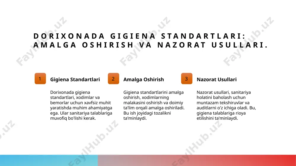 a bo'lib, toza muhitni yaratishga xizmat qiladi. gigiena standartlari amaliyoti gigiena standartlarini amalga oshirish va nazorat qilish dorixonalar faoliyatining samaradorligini oshiradi, infeksiyon kasalliklar tarqalishini oldini oladi. xavfsizlik va jamoat salomatligi dorixonalar xavfsizligini ta'minlash orqali jamoat salomatligini yaxshilash mumkin, bu esa dorixonalar faoliyatining muvaffaqiyatli bo'lishiga yordam beradi. e'tiboringiz uchun rahmat! /docprops/thumbnail.jpeg