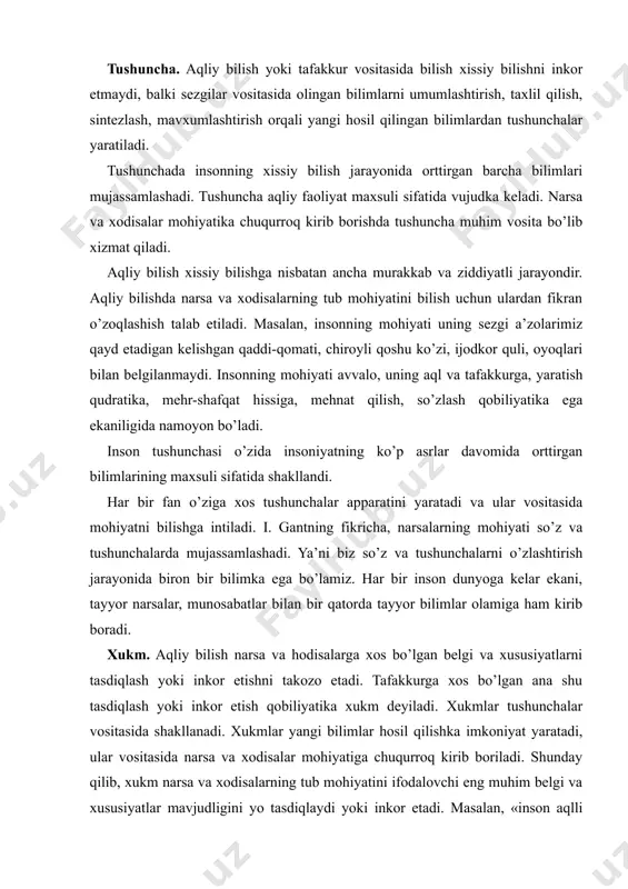 g mohiyati so’z va tushunchalarda mujassamlashadi. ya’ni biz so’z va tushunchalarni o’zlashtirish jarayonida biron bir bilimka ega bo’lamiz. har bir inson dunyoga kelar ekani, tayyor narsalar, munosabatlar bilan bir qatorda tayyor bilimlar olamiga ham kirib boradi. xukm. aqliy bilish narsa va hodisalarga xos bo’lgan belgi va xususiyatlarni tasdiqlash yoki inkor etishni takozo etadi. tafakkurga xos bo’lgan ana shu tasdiqlash yoki inkor etish qobiliyatika xukm deyiladi. xukmlar tushunchalar vositasida shakllanadi. xukmlar yangi bilimlar hosil qilishka imkoniyat yaratadi, ular vositasida narsa va xodisalar mohiyatiga chuqurroq kirib boriladi. shunday qilib, xukm narsa va xodisalarning tub mohiyatini ifodalovchi eng muhim belgi va xususiyatlar mavjudligini yo tasdiqlaydi yoki inkor etadi. masalan, «inson aqlli mavjudotdir», degani xukmda insonga xos eng asosiy belgi - aqlning mavjudliki tasdiqlanayapti. biroq inson shunday murakkab mavjudotdirki, uning mohiyati faqat aqlli mavjudot ekanligi bilan cheklanmaydi. chunki qirg’inbarot urushlar, ekologik inqirozlar aqlli mavjudot bo’lgan inson tomonidan amalga oshirildi. «inson axloqli mavjudotdir». inson to’g’risidagi …