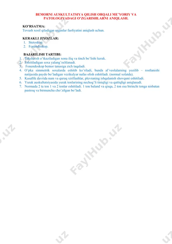 qtida topilgan o'zgarishlarni rentgen plyon-kasiga tushirish maqsadida qo'llanadi. tasvirda zich to'qimalar oqish, govak yerlar esa qoramtir tusda bo'ladi. masalan, kovak bo'shliq qoramtir havo pufagi va oqish suyuqlik sathiga ega bo'lib„ oq halqa bilan o'ralgan bo'ladi, plevra bo'shlig'idagi suyuqlik ham (u rentgen nurlarini kam o'tkazishi tufayli) oqish soya shaklida ko'rinadi. agar suyuqlik ekssudatli bo'lsa, uning sathi qiyalanib, tepaga ko'tarilgan bo'ladi, transsudat bo'lsa, gorizontal satxga ega bo'ladi. tomografiya – oddiy rentgenologik tekshirish usullari natija bermagan, patologik jarayon o'pkaning chuqur joylarida joylashgan xollarda qo'llanadi. bunda rentgen nurlari qavatma-qavat berib boriladi. tomografiya tasviriga gavdaning ma'lum chuqurlikdagi tuzilmalari tushadi, chunki nur shu masofani mo'ljallab beradi, undan chuqur yoki yuzadagi to'qimalardan nur tarqalib ketadi. flyuorografiya – rentgenologik tekshirishning bir turi bo'lib, bunda rentgen surati kichkina plyonkaga tushiriladi va odatda yoppasiga dispanser ko'riklarini o'tkazish maqsadida qo'llanadi. bronxografiya – bronxlarni tekshirish uchun o'tkaziladi. buning uchun yuqori nafas yo'llari anesteziya qilingandan so'ng, bronxlarga kontrast (yodlipol) modda yubo-riladi va o'pkani …