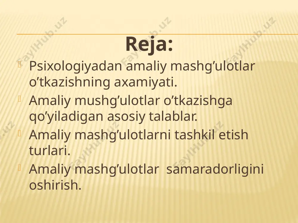 o’yilishi, ular o’z referatlarini muxokamaga tavsiya qilishlari lozim buladi. seminarning aralash shaklida ma'ruzalar muxokamasi va mavzu buyicha erkin so’zga chiqishlar mavzuni yoritishda ruxsat etiladi. keyingi vaqtlarda seminar mashg’ulotlarida faol uyinlardan keng foydalanilmokda. faol o’yinli mashg’ulotlarda talabalar guruxi o’zlarining bulajak kasblari faoliyati jarayonida uchratish mumkin bo’lgan amaliy xolatlarni xal etishda nazariy bilimlarni sinab ko’radilar seminar mashg’ulotlari talabalarni psixologik vokealarning asosiy magzini tushunishi ularning asosiy ma'nosini anglashga o’rgatuvchi ukuv ishidir. psixologik fanlarning asosini bilish, bo’lajak pedagoglarni amaliy masalalarni muvaffakiyatli xal etishlariga xamda kelajak avlod tarbiyasida, shuningdek psixologiya buyicha seminar mashg’ulotlarini uslubiy tomonidan tug’ri tashkil etish va o’qitishlariga yordam beradi seminar mashgulotlarida ilgor pedagogik texnologiyani joriy etish mavzularni talabalar tomonidan kengrok va mukammalrok o’zlashtirilariga, mustakil fikrlashga, ijodiy izlanishga keng imkoniyat yaratdi. masalan, dasturga muvofik umumiy psixologiyadan «xarakter» mavzusini yoritishda ma'ro’za paytida – psixologiyada xarakter muammosi, xarakterning to’zilishi, xarakter xislatlari va xarakterning shakllanishi masalalari kurib chiqilishi ko’zda tutilgan. foydalanilgan asosiy adabiyotlar: 1. g`oziеv e. …