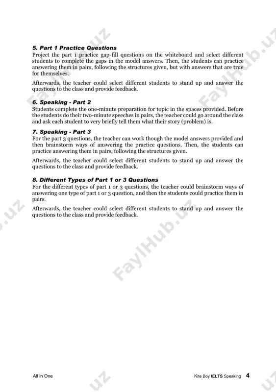 format and general approach……………………………………………….319 • do’s and don’ts………………………………………………………………………....319 • 6 different types of questions, 18 different ways of answering them, and examples………………………………………..…………..……………………...323 • 56 different topics, practice questions, and model answers…. .….………..336 8. appendices a. common grammatical errors…..……………………………………………………..…405 b. complex sentences…………..…………….………………………………………….406 c. advice for low level english speakers……….……..…………………………..………407 d. answer key for speaking - parts 1-3 (gap fill questions)..………..……….408 e. ielts speaking band descriptors…………….………………………………….417 contents all in one kite boy ielts speaking 6 a. b. there are two ielts tests: academic and general, which are graded in the same way. each has four sections, which are completed in the following order: listening, reading, and writing on one day, with no break between the tests, and then speaking on either that day or within seven days before or after it. a score between 1 and 9 is awarded for each section, and the final ielts score is the average of the …