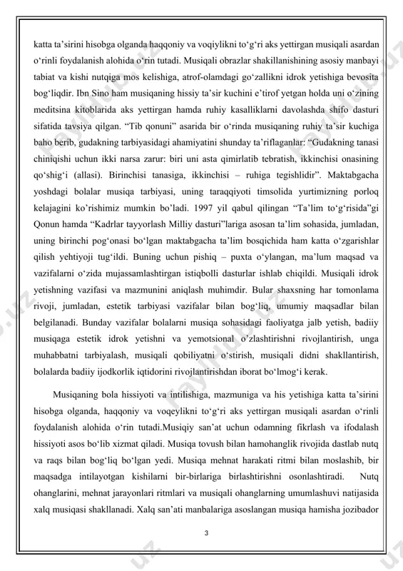 ildi. musiqali idrok yetishning vazifasi va mazmunini aniqlash muhimdir. bular shaxsning har tomonlama rivoji, jumladan, estetik tarbiyasi vazifalar bilan bog‘liq, umumiy maqsadlar bilan belgilanadi. bunday vazifalar bolalarni musiqa sohasidagi faoliyatga jalb yetish, badiiy musiqaga estetik idrok yetishni va yemotsional o’zlashtirishni rivojlantirish, unga muhabbatni tarbiyalash, musiqali qobiliyatni o‘stirish, musiqali didni shakllantirish, bolalarda badiiy ijodkorlik iqtidorini rivojlantirishdan iborat bo‘lmog‘i kerak. musiqaning bola hissiyoti va intilishiga, mazmuniga va his yetishiga katta ta’sirini hisobga olganda, haqqoniy va voqeylikni to‘g‘ri aks yettirgan musiqali asardan o‘rinli foydalanish alohida o‘rin tutadi.musiqiy san’at uchun odamning fikrlash va ifodalash hissiyoti asos bo‘lib xizmat qiladi. musiqa tovush bilan hamohanglik rivojida dastlab nutq va raqs bilan bog‘liq bo‘lgan yedi. musiqa mehnat harakati ritmi bilan moslashib, bir maqsadga intilayotgan kishilarni bir-birlariga birlashtirishni osonlashtiradi. nutq ohanglarini, mehnat jarayonlari ritmlari va musiqali ohanglarning umumlashuvi natijasida xalq musiqasi shakllanadi. xalq san’ati manbalariga asoslangan musiqa hamisha jozibador bo‘lib, qalbda turli his-hayajonlar uyg‘otadi. shu bilan birga, musiqada …