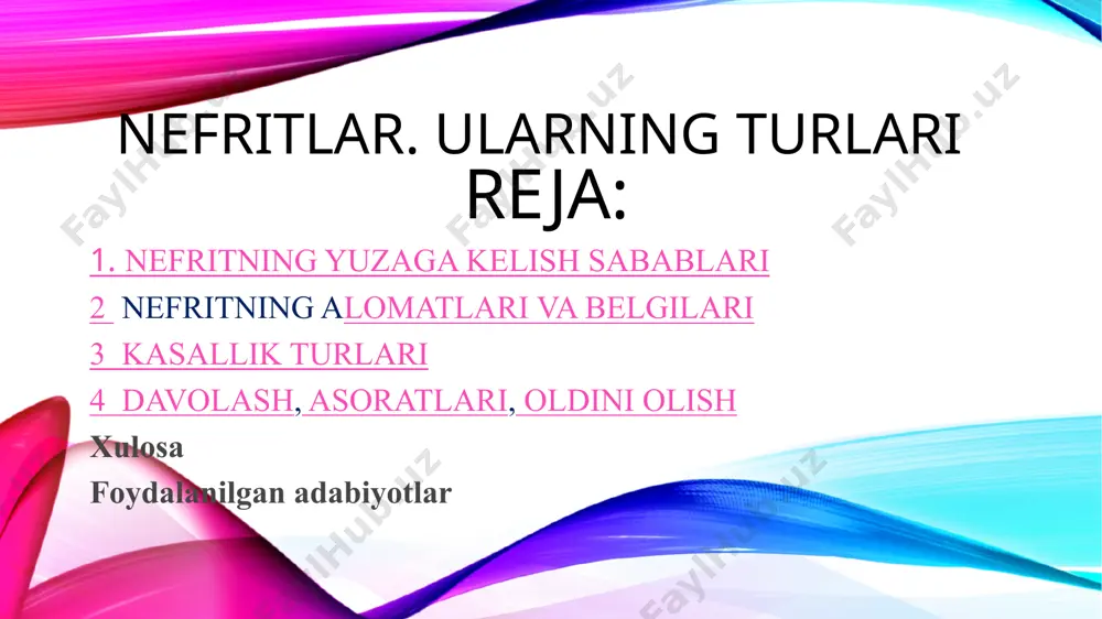 tahlillari o’tkazilganda, gematuriya, massiv proteinuriya, disproteinemiya, giperlipidemiya va giperxolesterinemiya aniqlanadi. tashxis agar nefritdan shubha qilinadigan bo’lsa, quyidagi tashxis usullari qo’llaniladi: anamnezni yig’ish; biokimyoviy qon tahlili; siydik tahlili; buyraklarning ultratovush tekshiruvi; nechiporenko bo’yicha siydik tahlili; buyrak biopsiyasi (ayrim hollarda talab etiladi). kasallik turlari kasallikning quyidagi turlari farqlanadi: pielonefrit — bu bakterial etiologiyaga ega bo’lgan buyraklarning yallig’lanishi. interstitsial nefrit — buyrak kanalchalari va interstitsial to’qimalari zararlanadigan buyraklarning yallig’lanishi. glomerulonefrit — glomerulaning yallig’lanishi bilan ifodalangan buyrak kasalligi. shuntli nefrit — buyrak koptokchalarining immunitet kompleksining asorati bilan ifodalanadigan kasallik turi hisoblanadi. nefrit belgilari kuzatilganda urolog shifokorga murojaat qilishingiz kerak. agar nefrit aniqlansa, siz dorilarni qabul qilish va parhez tutish borasida shifokorning tavsiyalariga amal qilishingiz kerak. davolash kerakli davolash buyrakdagi yallig’lanish jarayonining shakliga qarab tanlanadi. o’tkir nefritda maxsus parhez, suyuqlikning cheklangan iste’moli va yotoq tartibiga amal qilish buyuriladi. terapiyaning asosi antibiotiklar bilan davolashdir. ko’pincha kefzon, gentamisin, penitsillin, seporin asosidagi antibakterial preparatlar qo’llaniladi. antibiotik terapiyasining jiddiyligi …