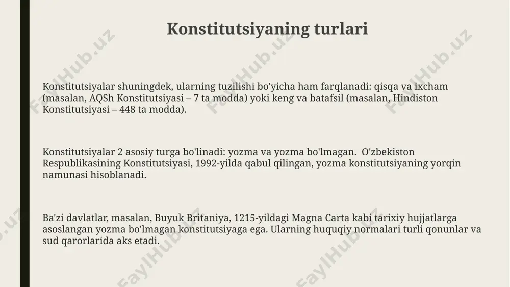 nlar bilan hamkorlikda ishlaydi. monarxik konstitutsiyalar, masalan, belgiya kabi mamlakatlarda, monarxning ramziy rolini ta'kidlaydi, ammo haqiqiy siyosiy hokimiyatni saylangan hukumatga topshiradi, shunday qilib, 21-asrda monarxiyaning evolyutsiyasini aks ettiradi. progressiv konstitutsiya progressiv konstitutsiyalar, masalan, kanada konstitutsiyasi, ko'pincha mustaqil sud tizimini va kuchlarni ajratish tamoyillarini mustahkamlaydi, bu esa 10 dan ortiq qonun bilan qo'llab-quvvatlanadi. ba'zi progressiv konstitutsiyalar, 2005-yilda qabul qilingan ispaniya konstitutsiyasi kabi, gender tengligi va ijtimoiy adolatni ta'minlashga qaratilgan maxsus moddalarni o'z ichiga oladi. progressiv konstitutsiyalar, masalan, 1993-yilgi janubiy afrika respublikasi konstitutsiyasi, ko'plab inson huquqlari va erkinliklarini, shu jumladan tenglik va adolatni kafolatlaydi. federal konstitutsiya braziliya federativ respublikasining konstitutsiyasi (1988-yil) 26 ta shtat va federal okrugni oʻz ichiga oladi va federal tuzum doirasida keng koʻlamli fuqarolik huquqlarini kafolatlaydi. federal konstitutsiyalar, masalan, aqsh konstitutsiyasi kabi, 50 dan ortiq shtatlarga boʻlingan mamlakatlarda kuchga ega boʻlib, markaziy hukumat va shtat hukumatlari oʻrtasidagi vakolatlarni aniq belgilaydi. germaniya federativ respublikasining konstitutsiyasi (1949-yil) kabi baʼzi federal konstitutsiyalar, …
