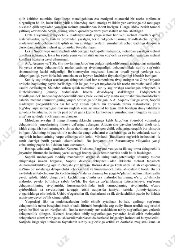 osiyoning mintaqaviy rivojlanishi asosida ibtidoiy urug‘ jamoalarining o‘zlashtiruvchi xo‘jaligidan ishlab chiqaruvchi xo‘jalikka o‘tishi, ya‘ni dehqonchilik va chorvachilik xo‘jaliklarining paydo bo‘lishi va rivojlanishi bosqichi. uning davriy sanasi mintaqaning tabiiy geografik sharoitidan kelib chiqib, turli tarixiy davrlarda, ya‘ni vohalarda bir davrda yuz bermagan. o‘lkamizni tabiiy-geografik muhiti, tekislik yerlarda dehqopchilikni rivojlantirish uchun, tog‘ va tog‘ oldi hududlarda esa chorvachilikni rivojlantirish uchun qulay imkoniyat mavjud bo‘lgan. dehqonchilik madaniyatining ilk bosqichi ilmiy adabiyotlarda turlicha nomlar bilan atalib kelingan bo‘lib, ular qayir, liman, qoq, qo‘ltiq (motiga) dehqonchiligidan iborat bo‘lgan. azim daryolar va tog‘ soylari quyi havzalarida keng tarmoqlarga bo‘linib, asrlar davomida oqizib kelgan chirindi aralash loyqa hisobiga, keng va tekis maydonlarda ilk dehqonchilik paydo bo‘lgan. odatda, qalin va unumdor tuproq o‘zida namlikni uzoq saqlash xususiyatiga ega bo‘lgan va ibtidoiy ajdodlar ana shu yerlarga yovvoyi boshoqli donlarni sepib, dehqonchilikni boshlaganlar. sababi qalin unumdor taqir yerlar tarkibida namlik uzoq saqlangan, shu bois, dastlab ekinlarni sug‘orishga hojat qolmagan. ana …
