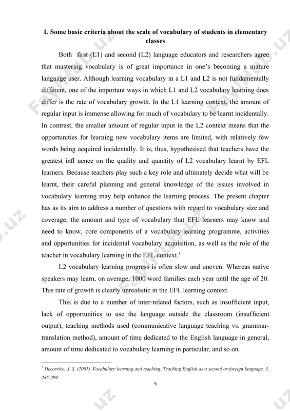 ad a mere 2–6 h of english per week). the authors found that those with less exposure to english learnt signiﬁcantly fewer words (some learnt as few as 18 words in one year), while the learners with greater exposure learnt as many as 430 words in one year. perhaps, most disappointingly, the study revealed that after nine years of english language instruction, less than half of all the learners had mastered the words in the ﬁrst 1000 word families. more disappointingly still, only 16 % of the learners had mastered the words in the second 1000 word families. similar to nurweni and read, webb and chang highlighted the need to speciﬁcally focus on the high-frequency words, that is, those in the ﬁ rst and second 1000 word families. according to nation, one of the ways of deciding on vocabulary learning goals in an english language-learning programme is to look at …