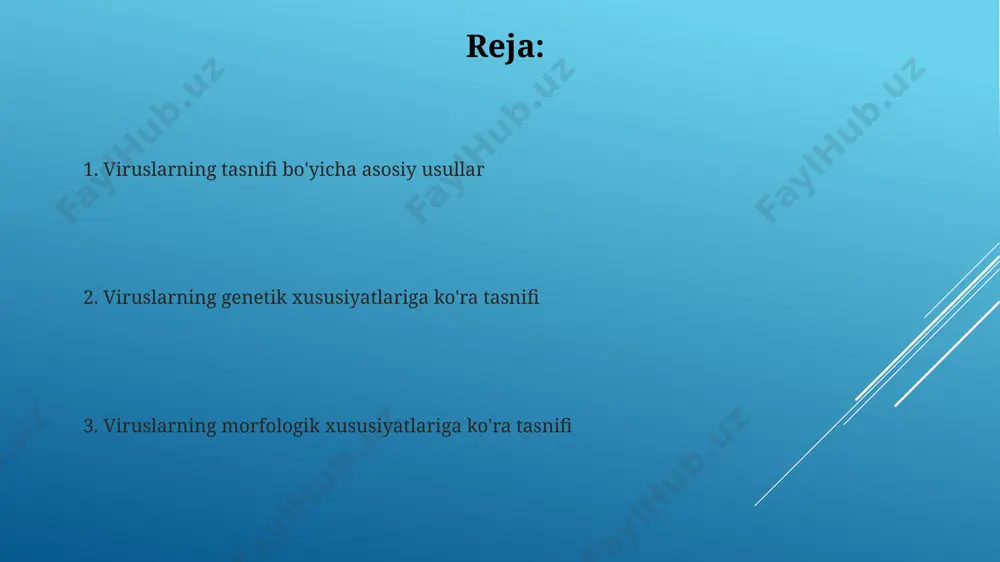 ayraga kiradi, shundan keyin 8-12 soat ichida virusli rnklar ko'paya boshlaydi. viruslarning replikatsiyasi jarayoni 5 bosqichdan iborat bo'lib, hujayra ichiga kirib, dnk yoki rnkni hujayra mexanizmlaridan foydalanib ko'paytiradi, bu jarayon 37°s haroratda tezroq sodir bo'ladi. viruslarning kimyoviy tuzilishi ba'zi viruslar, masalan, gripp viruslari, o'zlarining lipidli membranalariga ega bo'lib, bu hujayradan chiqish jarayonida hujayra membranasining qismlarini o'z ichiga olgan holda hosil bo'ladi. viruslarning genetik materiallari dnk yoki rnkdan iborat bo'lib, bu 7-1000 kb gacha uzunlikdagi yagona molekula yoki bir necha segmentlardan tashkil topishi mumkin. viruslarga qarshi kurash usullari германияда ўтказилган тадқиқотлар вируснинг айрим турларига қарши 100% самарали бўлган янги антивирус дори воситаларини ишлаб чиқаришга олиб келди, бу эса даволаш самарадорлигини 20% га оширди. ақшнинг мичиган университетида олиб борилган тажрибалар кўрсатишича, 500 дан ортиқ вирус турига қарши самарали бўлган янги антибиотик такрорланган инфекцияларнинг 70% олдини олиши мумкин. e'tiboringiz uchun rahmat @taqdimot_robot image1.jpg image2.jpg image3.jpg image4.jpg image5.jpg image6.jpg image7.jpg