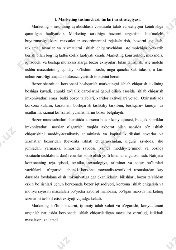 lab chiqarish va moliya siyosati masalalari bo’yicha axborot manbaasi, bo’lgan maxsus marketing xizmatini tashkil etish extiyoji vujudga keladi. marketing bo’limi bozorni, ijtimoiy talab xolati va o’zgarishi, konyuqturani urganish natijasida korxonada ishlab chiqariladigan maxsulot zarurligi, istikboli masalasini xal etadi. korxonani marketing vositasida boshqarish ancha mushqul bo’lib, katta xajmda reja-xisob qitoblarini, qadrlarni qayta tayyorlashni, boshqaruv vazifa va usullarini tubdan o’zgartirishni talabkiladi. fakat korxona, butun iqtisodiyot xo’jalik mexanizmini tubdan qayta qurishi asosidagina marketing tendensiyasini qo’llash mumkin. aks xolda korxona tez o’zgaruvchan talabga moslasha olmay rakobat kurashiga bardosh bera olmaydi. bu korxona foyda kurmasligi va undan kelib chikuvchi boshqa okibatlarga olib keladi. chunki fakat iste’molchilar extiyojini xisobga olib, fan-texnika tarakkiyoti yutuklaridan foydalana olgan korxonagina o’z maxsulotini sotishdan foydaolishi mumkin. bu ma’noda amerikalik avtomobil magnati g.fordning fikrini ta’kidlab utish zarur. undan qanday qilib millioner bo’lganligini suraganlarida quyidagicha javob bergan: «juda oson. men o’z avtomobillarimni bozorda boshqalarga nisbatan arzonrok sotib, o’z ishchilarimga boshqalarga nisbatan ko’p xak …