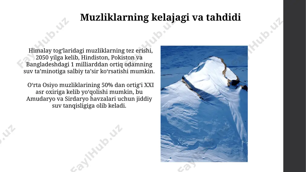 asida qirgʻizistonning janubiy hududlarida joylashgan suv omborlariga 20-30% gacha suv ta'minoti ta'minlanadi, bu qishloq xoʻjaligiga sezilarli ta'sir koʻrsatadi. muzliklarning erishi natijasida oʻzbekistonning amudaryo havzasiga yiliga oʻrtacha 10-15 kub kilometr suv qoʻshiladi, bu mintaqaning suv ta'minotida muhim ahamiyat kasb etadi. muzliklar va energetika oʻzbekistonning togʻli hududlarida, xususan, pomir va tian-shan togʻ tizmalarida joylashgan muzliklar yillik 20-30 milliard kub metr suv resurslarini ta’minlaydi, bu esa gidroelektrostantsiyalar uchun muhim ahamiyatga egadir. muzliklardan oqib tushadigan suvlarning yillik oqim hajmi 500 dan ortiq kichik va oʻrta gidroelektrostantsiyalarni ishlatishga yetadi, shu bilan birga, qishloq xoʻjaligi ehtiyojlarini qoplashga ham hissa qoʻshadi. muzliklarni muhofaza qilish choralari qor qoplami maydonini kengaytirish maqsadida, 3000 metr balandlikdagi togʻ yonbagʻirlariga 100 ming gektar maydonda oʻsimliklar ekish orqali suv balansini yaxshilash mumkin. muzliklarning erish tezligini kamaytirish uchun 2050-yilgacha oʻzbekistonning togʻli hududlarida 500 ga yaqin sunʼiy muzliklar yaratish loyihalari amalga oshirilishi kerak. muzliklarning suv omborlari vazifasi hindistonning himoloy togʻlaridagi gang daryosi havzasidagi muzliklarning erishi, …