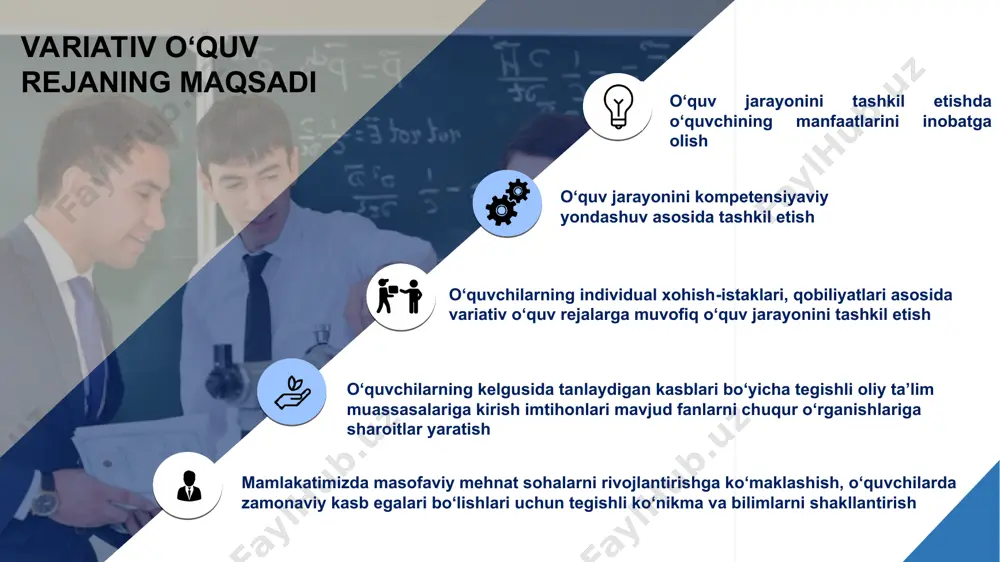 infida variativ o‘quv rejani tajriba-sinovdan o‘tkazishda 9 ta majburiy fan o‘qitiladi ona tili va adabiyot o‘zbek tili/rus tili chet tili tarix tarbiya matematika informatika va at jismoniy tarbiya chqbt tanlov sinfida variativ o‘quv rejani tajriba-sinovdan o‘tkazishda umumiy o‘rta ta’lim maktablari uchun 2020-2021-o‘quv yiliga mo‘ljallangan tayanch o‘quv rejada belgilangan barcha fanlar majburiy fanlar sifatida o‘qitiladi 10-11-sinflar 7-8-9-sinflar majburiy fanlarga ajratilgan soatlarning miqdori tayanch o‘quv rejada belgilangan miqdordan (7-9-sinflarda 31 soat, 9-sinfda 32 soat, 10-sinfda 22 soat, 11-sinfda 21-soat) kam bo‘lmasligi lozim - moliya-iqtisod yo‘nalishida: matematika, chet tili fanlari - veb-frilanser yo‘nalishida: chet tili, matematika, informatika va axborot texnologiyalari fanlari - texnologiya yo‘nalishida: matematika, fizika fanlari - tabiiy fanlar yo‘nalishida: biologiya, kimyo fanlari - ijtimoiy-gumanatar yo‘nalish: tarix, ona-tili va adabiyot fanlari - xorijiy til va filologiya yo‘nalishida: chet tili, ona tili va adabiyot fanlari tanlov fanlar tanlov fanlar - boshlang‘ch ta’lim yo‘nalishida: matematika, ona tili va adabiyot fanlari - kimyo-texnologiyalar yo‘nalishida: matematika, …