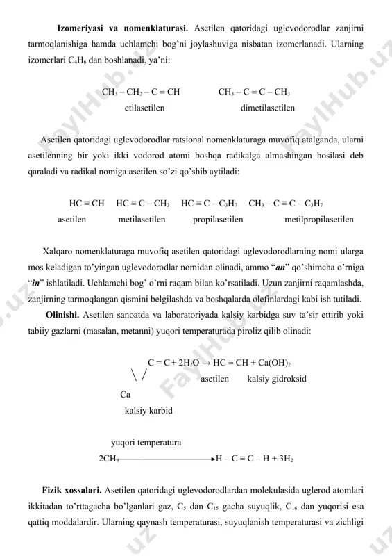 n) aktivlangan ko’mir katalizatorligida qizdirilganda aromatik uglevodorodlarga aylanadi: ch hc ≡ ch ch hc ch + ||| → | || hc ≡ ch ch hc ch ch benzol ishlatilishi. asetilen sanoatda ko’pchilik kimyoviy sintezlarda boshlang’ich xomashyo sifatida ishlatiladi. undan sirka kislota, sintetik kauchuk, polivinilxlorid smolalar olinadi. tetraxloretan chc12 – chc12 – asetilenga xlorning birikish mahsuloti yog’lar va ko’pchilik organic moddalarni yaxshi erituvchisi hisoblanadi va eng muhimi o’t olish xavfi yo’qligi qulaydir. asetilendan metallarni avtogen payvandlashda ham foydalaniladi. diyen uglevodorodlar. kimyoviy xossalari uglerod zanjirida ikkita qo’shbog’ bo’ladigan uglevodorodlar diyen uglevodorodlari deyiladi. ularni asetilen uglevodorodlarining izomeri deyish mumkin. diyen uglevodorodlar molekulasida vodorod atomlarining umumiy soni tegishli to’yingan uglevodorodlardagidan 4 ta kam bo’ladi. shu sababli diolefinlarning tarkibi umumiy cnh2n-2 formula bilan ifodalanadi. diyen uglevodorodlar molekulasidagi qo’shbog’larning joylashgan o’rniga qarab, uch gruppaga bo’linadi: agar ikkala qo’shbog’ bitta uglerod atomiga tutashgan bo’lsa, ular kumulatsiyalangan, agar ikkala qo’shbog’ uglerod atomlariga bitta oddiy bog’ orqali birikkan bo’lsa, …