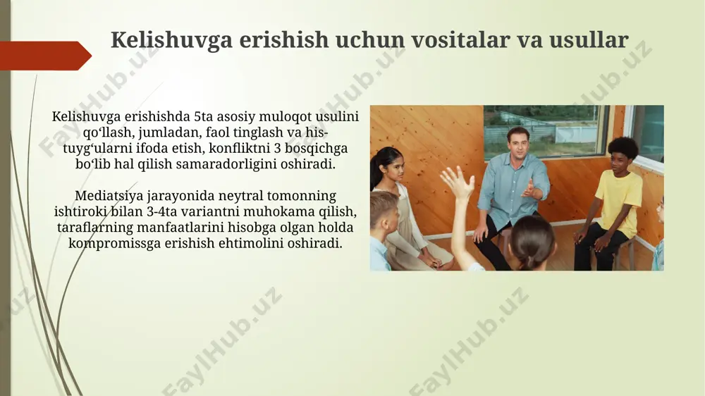 aro ishonchni oshiradi va kompromissga yordam beradi. mojarolarni boshqarish pedagogikasi tushunchasi ta'lim jarayonida mojarolarni samarali boshqarish, o'qituvchilarning 5 ta muhim kompetensiyasini – muammoni hal qilish, mediatorlik, emotsional aql va boshqalarni rivojlantirishni talab qiladi. mojarolarni boshqarish pedagogikasi 3 ta asosiy komponentni o'z ichiga oladi: konfliktlarni aniqlash va tahlil qilish, 2-3 ta samarali strategiya qo'llash va natijalarni baholash. empatiya va hissiy aqlni shakllantirish hissiy aqlning 4 asosiy komponenti (o‘z-o‘zini anglash, o‘z-o‘zini boshqarish, ijtimoiy onglilik va munosabatlarni boshqarish)ni o‘qitishda rol o‘yinlari va muloqot simulyatsiyalarini qo‘llash samarali. talabalarning hissiy sohasini rivojlantirish uchun 7 ta turli emotsional strategiyalarni o‘rgatish va ularni hayotiy vaziyatlarda qo‘llash bo‘yicha mashqlarni o‘tkazish muhim. mojarolarni boshqarish bo'yicha amaliy mashg'ulotlar amaliy mashg'ulotlarda 7 ta turli mojaro vaziyatlari (masalan, hamkorlik, raqobat, to'qnashuv) tahlil qilinib, har bir holat uchun 2-3 ta hal qilish strategiyasi ishlab chiqiladi. muhokamada samarali tinglash va fikrlarni ifodalash ko'nikmalarini rivojlantirish uchun 3 bosqichli mashqlar (muloqot, empatiya, yechimlarni izlash) taqdim etiladi. …