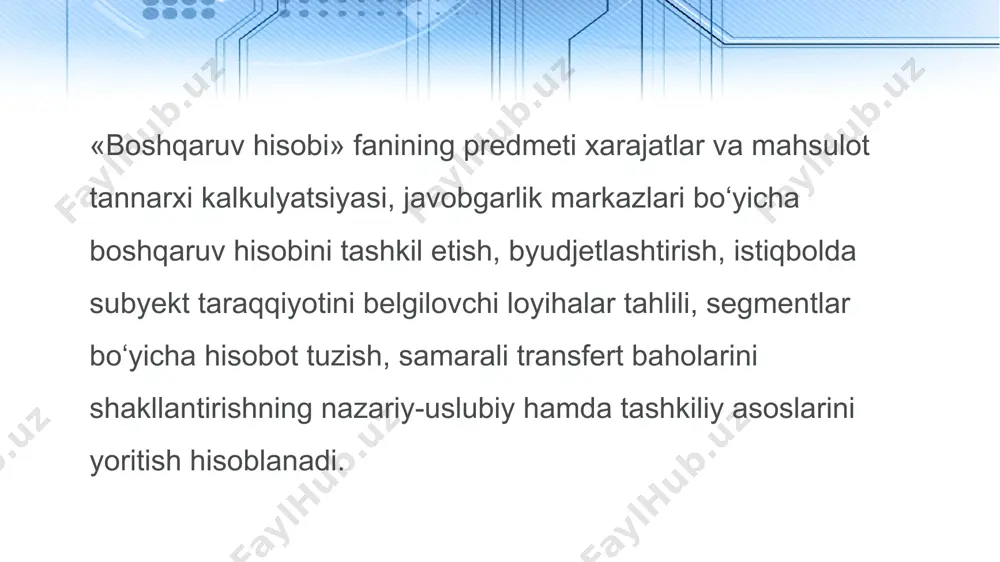 aviy hisobot axborotlari aniq tamoyil va qoidalarga muvofiq shakllanishi hamda aks ettirilishi shart, ular asosida ma’lumotlar qayd qilinadi, baholanadi va tegishli schetlarda rasmiylashtiriladi. ushbu tamoyil va qoidalar «buxgalteriya hisobi to’g’risida»gi o’zbekiston respubikasi qonuni hamda buxgalteriya hisobining milliy standartlarida belgilab qo’yiladi. boshqaruv hisobini yuritish tartib-qoidalari korxonaning strategik va taktik maqsadlaridan xususiyatlaridan kelib chiqib ishlab chiqiladi. bu hisob turida ma’lumotlarning boshqaruv qarorlarini qabul qilish uchun ahamiyatlilik darajasiga e’tibor beriladi. 16 thank you 17 image2.png image4.jpeg image5.jpeg image6.jpeg image7.jpeg image8.jpeg image3.png image9.jpeg image1.jpeg
