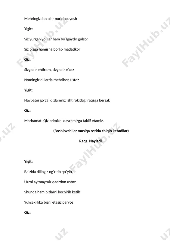 og`, biz shogirdlar baxtiga hamisha omon bo`ling. qiz: xonadoningizda hamisha yaxshi kunlar ko`p bo`lsin. biz shogirdlar doimo xizmatingizda bo`laylik. yigit+qiz: yana bir bor bayramingiz muborak bo`lsin.