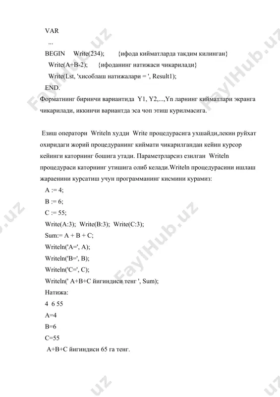 рига танлаш узгармаслари руйхати (руйхат битта узгармасдан иборат булиши мумкин) тегишли селектор деб номланган ифодадан ва параметрлар руйхатидан иборат. формати: case of : : . . . : else end; узгармаслар типи доим селектор типига тугри келиши керак . селектор учун real ва string типлари ман этилган. case оператори куйидагича ишлайди. биринчи навбатда селектор- ифода киймати хисобланади, кейинги навбатда жорий селектор кийматига тенг булган узгармас катнашган оператор бажарилади. агар хеч кайси узгармас селекторнинг жорий кийматига тенг булмаса else сузидан кейинги оператор бажарилади. агар else сузи булмаса end сузидан кейинги оператор ишга тушади,яъни case чегарасидан кейинги оператор. селектор бутун сонли ( -32768..32767 диапазонида булган) булев, литер еки фойдаланувчи типига боглик булиши керак . узгармас кийматлар руйхати тасодифий киймат еки диапазондан иборат, улар бир-биридан вергул ердамида ажратилади. диапазон чегаралари иккита бири-биридан ".." белгиси ердамида ажратилган узгарамас сонлар ердамида езилади. узгармаслар типи селектор типига тугри келиши керак. куйида case операторининг типик езилиш тартиби …