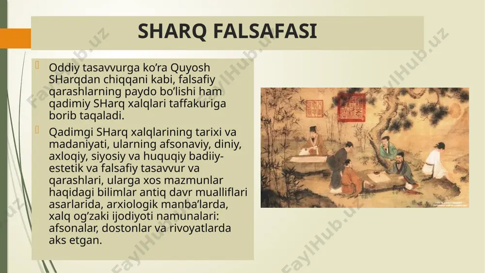 tronomiya sohasida ba’zi bilimlarga ega bo’lib, sayyoralarni yulduzlardan ajrata bilganlar, alohida yulduzlar xaritasini va har xil taqvimlar tuzganlar. qadimgi misrda tibbiyot juda rivojlangan, misrliklar kasalliklarning juda ko’p turlaridan xabardor bo’lishib, tashhis qo’yish sohasida katta tajribalarni qo’lga kiritganlar. qadimgi misrliklar, ayniqsa qurilish, arxitekturaga, san’atning juda ko’p turlariga, hisob-kitob, o’lcham va chizmachilik, matematik va astronomik bilimlarga egaligi jihatdan boshqalardan tubdan farq qilishgan. haqiqiy ma’noda ular geometriya va astronomiyaga oid bilimlarning ilk yaratuvchilari bo’lishgan. misr ehromlari-piramidalar buning rad qilib bo’lmas hayotiy guvohlaridir. umuman, qadimgi bobil va misr xalqlarining madaniyati, urf odatlari, dunyoqarashlari, ijtimoiy-siyosiy, iqtisodiy, huquqiy, badiiy, ahloqiy va falsafiy qarashlari butun qadimiy sharq xalqlari kabi diniy qarashlar bilan sug’orilgan bo’lgan. ularning bu qarashlari nasldan-naslga, avlodlardan-avlodlarga o’tib, sharqdagi boshqa ko’pchilik xalqlar madaniy-ma’naviy taraqqiyotiga, ijtimoiy-falsafiy fikrlar rivojiga o’zining ijobiy ta’sirini ko’rsatgan. buni biz qadimiy hindistonning madaniy-ma’naviy taraqqiyoti misolida yaqqol ko’rishimiz mumkin. qadimgi hindiston o’zining boy tarixi va madaniyatiga, diniy va falsafiy ma’lumotlariga ega bo’lgan. hindistonda …