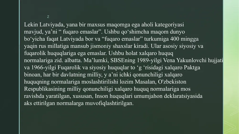 an ko‘chirilgan shaxslar, qochoqlar, emigrantlar, i asirga tushgan shaxslar uchun qo'llaniladi. masalan, yahudiylarni isroilga. y a ’ni ularning larixiy vatanlariga qaytarilishi; repressiyaga uchragan va uralorti hamda o‘rta osiyo davlatlariga ko‘chiriigan polyaklarning polshaga qaytarilishi va boshqalar. z fuqarolikni yo‘qotish va fuqarosizlik xalqaro huquqda fuqarolikni yo’qotish holatlari ham mavjud. fuqarolikni yo'qotishning uch xil shakli mavjud: avtomatik ravishda, fuqarolikdan ixtiyoriy chiqish va fuqarolikdan mahrum etilish. avtomatik ravishda fuqarolikni yo‘qotish jismoniy shaxs tomonidan boshqa bir davlatning fuqaroligini olganida yuzaga keladi (ekspatriatsiya erkinligi doktrinasi asosida). ekspatriatsiya - bu vaqtinchalik yoxud doimiy ravishda, ixtiyoriy yoki majburiy ravishda o‘z vatani hududidan chiqarib yuborilish, ya’ni bu doktrinada jismoniy shaxsning o‘z ixtiyoriga ko‘ra fnqaroligining to’xtashi va vatanini tark | etishi nazarda tutilgan. z fuqarolikdan mahrum qilish - asosan jismoniy shaxsning ixtiyoriga qarshi amalga oshiriladi va uning ma’lum bir xatti-harakatlari natijasida davlat tomonidan qo’llaniladi.bu juda og 'ir sanksiya va hozirgi paytda ko'pchilik davlatlar bunday sanksiyadan voz kechgan. fuqarolikdan mahrum qilish …