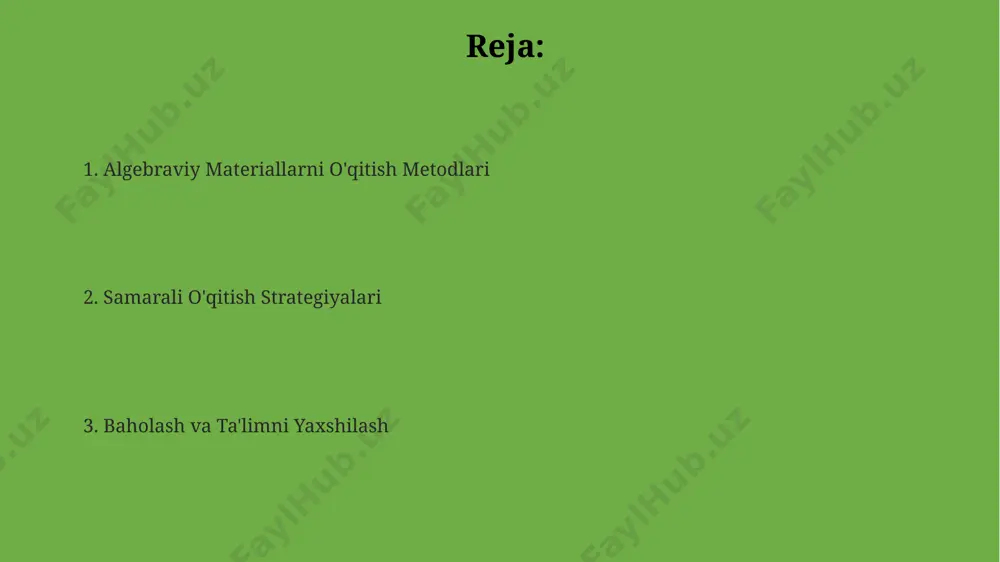 mladan, 3d modellashtirish va virtual laboratoriyalar, 10-sinf o'quvchilarining algebradagi murakkab tushunchalarni o'zlashtirishini 25% ga oshirishi mumkinligi samarqanddagi tadqiqotlarda aniqlangan. muammolarni yechish strategiyasi va uslublari samarqanddagi 5-sinf o'quvchilariga algebraik muammolarni yechishda 2 ta strategiyani (tasvirlash va modellashtirish) qo'llash natijalari shuni ko'rsatdiki, modellashtirish yechim topish tezligini 15% ga oshirgan. algebraik tenglamalarni yechishda 4 xil uslub (o'tkazmalar, guruhlash, faktorlashtirish, kvadrat formulasi)ni taqqoslash natijasida, xorazm viloyatidagi o'quvchilar faktorlashtirish uslubini eng samarali deb topishdi. muammolarni yechishda 3 bosqichli (tahlil, rejalashtirish, bajarish) uslubi toshkentdagi 7-sinf o'quvchilari orasida 80% muvaffaqiyat darajasiga erishgan. interfaol o'qitish usullari андижондаги 8-синф ўқувчилари учун квадрат тенгламаларни ўрганишда 3 та босқичли "муаммоли вазиятлар" усули билан ишлаш, ўқувчиларга мустақил фикрлашга ёрдам беради. интерфаол ўқитишда, масалан, 5-синф ўқувчиларига алгебравий ифодаларни тушунтиришда тошкентдаги мактабларда кенг қўлланиладиган "мисол ечиш" усули самарали бўлади. 7-синфда тенгламаларни ечишда самарқанд вилоятидаги мактабларда "гуруҳли иш" ва "индивидуал иш" усулларини биргаликда қўллаш натижаларини яхшилайди. o'quvchilarning tayyorgarlik darajasini aniqlash algebraviy ifodalarni soddalashtirish bo'yicha 3 …