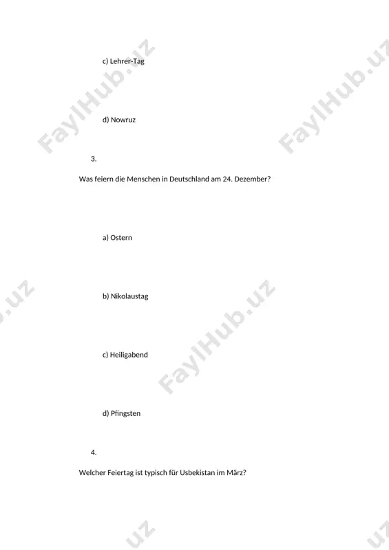 t zu kaufen? a) führerschein b) rezept c) reisepass d) eintrittskarte 6 wie fühlt man sich mit grippe? a) gesund b) krank c) fröhlich d) stark 7 wer hilft bei zahnschmerzen? a) apotheker b) zahnarzt c) lehrer d) polizist 8 was ist typisch bei einer erkältung? a) lächeln b) niesen c) rennen d) singen 9 was macht man, wenn man krank ist? a) man geht zur arbeit b) man bleibt zu hause c) man reist d) man macht sport 10 was sagt man beim niesen? a) bitte b) gesundheit c) hallo d) guten appetit /docprops/thumbnail.wmf feiertage – bayramlar 1. wann ist der tag der deutschen einheit? a) 3. oktober b) 1. mai c) 25. dezember d) 31. dezember 1. 2. welcher feiertag ist in usbekistan am 1. september? a) neujahr b) tag der unabh a ngigkeit
