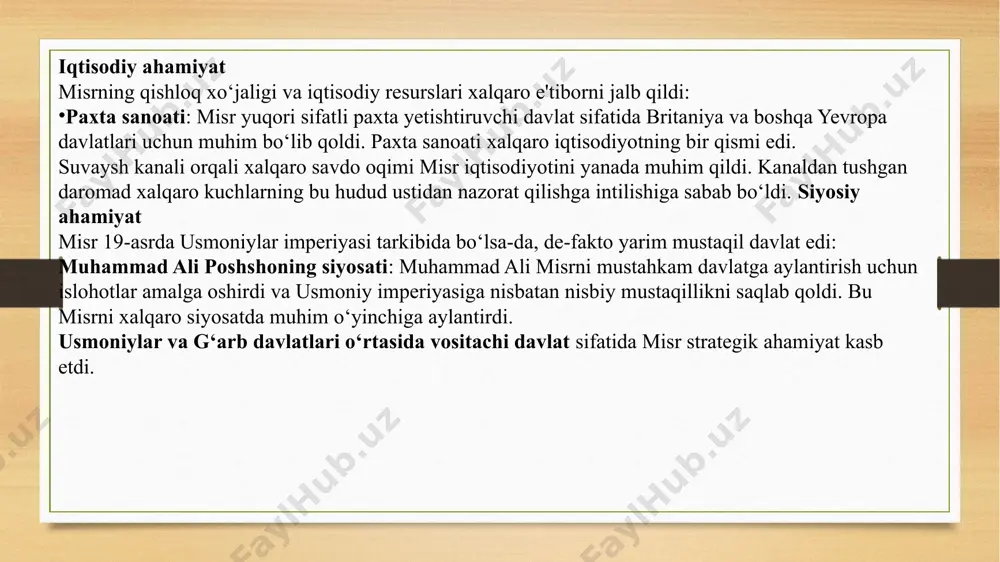sh kanali yevropani osiyo, hindiston va uzoq sharq bilan bog‘lovchi eng qisqa dengiz yo‘lini ta'minladi. bu afrikani aylanib o‘tish zaruratini yo‘q qildi, natijada vaqt va resurslarni tejadi. xalqaro savdo va transport markazi: suvaysh kanali xalqaro dengiz savdosining muhim qismiga aylandi, ayniqsa neft tashishda strategik rol o‘ynadi. b. xalqaro siyosiy raqobat va nazorat uchun kurash fransiyaning roli: fransiya suvaysh kanalini loyihalashtirib, uni qurilishida moliyaviy va texnik ko‘mak ko‘rsatdi. bu fransiyaning misrda ta’sirini kuchaytirishga bo‘lgan urinishi edi. britaniyaning nazorati: 1875-yilda britaniya misrning suvaysh kanalidagi ulushini sotib olib, kanalda amaliy nazoratni qo‘lga oldi. 1882-yilda misrni bosib olib, kanalni harbiy va iqtisodiy strategiyalarining markaziy qismiga aylantirdi. usmoniylar imperiyasi va boshqa kuchlar: suvaysh kanali usmoniylar imperiyasi uchun nominal nazoratni saqlash imkoniyati bo‘lsa-da, amalda g‘arb davlatlarining raqobat maydoniga aylandi. suvaysh kanalining xalqaro munosabatlardagi ta’siri iqtisodiy ta’sir suvaysh kanali xalqaro dengiz savdosining 80% dan ortig‘ini o‘zidan o‘tkazgan, bu esa uni iqtisodiy jihatdan hayotiy muhim qilib ko‘rsatgan. kanaldan …