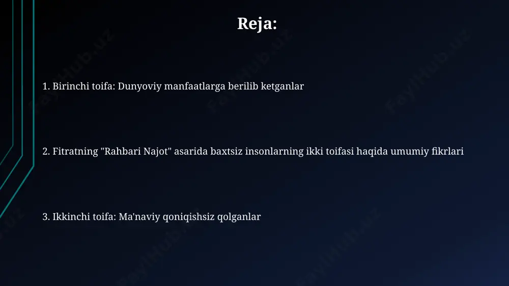 g 5 ta asosiy xususiyatini – dangasalik, beparvolik, jaholat, isrofgarlik va yolg'onchilikni keltiradi. uning fikricha, baxtsizlikka yo'l qo'ymaslik uchun 3 bosqichli strategiyaga amal qilish kerak: o'z-o'zini tarbiyalash, bilim olish va amaliy hayotga tatbiq etish. bu jarayon individual insoniy taraqqiyotini ta'minlaydi. yaxshilik va ezgulikka intilishning ahamiyati ushbu asarda yaxshilik va ezgulikka intilish, insonning kamida 3 ta asosiy fazilatini – mehr-oqibat, adolat va halollikni rivojlantirishga bevosita ta'sir ko'rsatadi, deb ta'kidlanadi. fitratning fikricha, jamiyatdagi yaxshilik va ezgulik darajasi, aholining kamida 70% qismi bu fazilatlarga ega bo'lganda yuqori bo'ladi va bu esa ijtimoiy taraqqiyotga 2 barobar tezlashtiruvchi ta'sir ko'rsatadi. moddiy boyliklarga intilishning salbiy oqibatlari fitrat, "rahbari najot"da moddiy boyliklarga haddan tashqari intilishni 2 ta asosiy salbiy oqibatga ajratadi: ma'naviy qashshoqlik va ijtimoiy adolatsizlikning kuchayishi. boylik orttirishga qaratilgan 100% kuch sarflash, insonni oilaviy munosabatlar, do'stlik kabi muhim jihatlardan mahrum qiladi, bu esa 50% dan ortiq baxtsizlikka olib keladi. birinchi toifa: moddiy ne'matlarga chanqoq odamlar fitrat, …