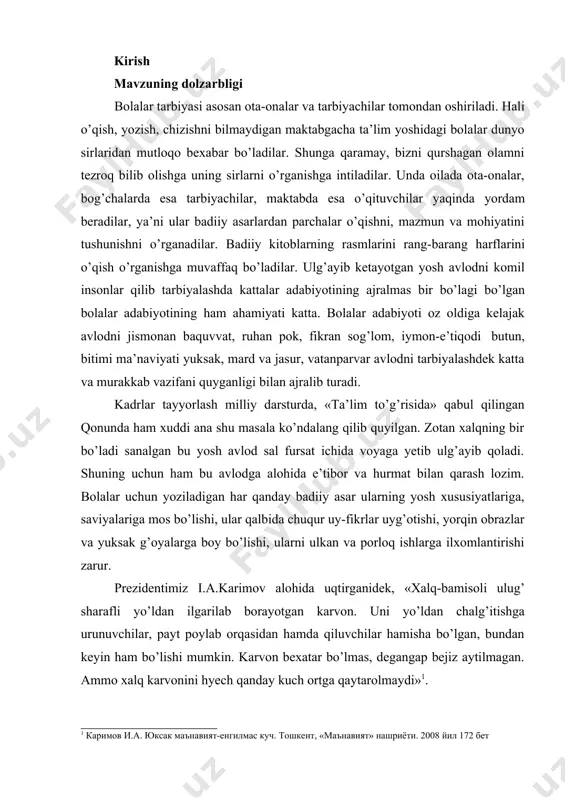 tayyorlash milliy dasturida alohida ta’kidlangan o’rta umumiy ta’lim maktablarining boshlang’ich sinf o’quvchilariga, xususan 1-2-3-4 sinflarga beriladigan bilim va tushunchalar hozirgi davr talabalari nuqtai-nazaridan ishlab chiqilmoqda. shu nuqtai-nazardan, biz o’z bitiruv malakaviy ishimizda boshlang’ich sinf darsliklariga kiritilgan zamondosh shoirlar, yozuvchilar safar barnoyev, miraziz a’zam tursunboy adashboyevlarning asarlarini tahlil qilishni o’z oldimizga maqsad qilib quydik. darsda va darsdan tashqari vaqtlarda ham mazkur o’qish uchun topshiriladi. albatta bu o’qishlarning boshida o’qituvchi-murabbiylar turadi. bolalarning o’qishlariga rahbarlik qiladi. shuning uchun bo’lsa kerakki, prezidentimiz i.a.karimov alohida ta’kidlaganidek boshlang’ich sinf o’qituvchilarining bunday buyuk xizmatlarini ta’riflab degan edi: «dunyoda nufuzli kasblar ko’p, ammo ular orasida o’qituvchilik kasbi alohida yuksak mavqyeiga ega. ayni zamonda o’qituvchi kasbiga nihoyatda katta talablar quyiladi, chunki biz murabbiy, muallimni qo’liga farzandlarimiz taqdirini ishonib topshiramiz»1 1 каримов и.а. ўзбекистон буюк келажак сари. тошкент. «ўзбекистон» нашриёти. 1998 йил, 146 бет kurs ishni yozishda asoslangan materiallar mazkur ishni yozilishda prezidentimiz i.a.karimovning qator asarlari, xususan, «o’zbekiston xxi asr …