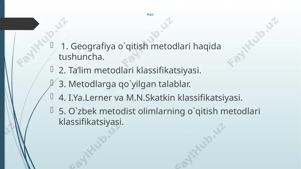 o`quvchilarga bilim berish, ko`nikma va malakalarni egallash bilangina cheklanib qolmaydi. ta’lim metodlari deyilganda, o`quvchilarning ijodiy faoliyatlarini shaklantiradigan, bilimlarini mustaqil o`zlashtirishga o`rgatadigan, to`laroq ilmiy bilimga asoslangan to`g`ri dunyoqarash va e’tiqodni tarbiyalaydigan metodlar tushuniladi. ta’lim metodlari uchun 2 ta asosiy narsa xos: 1. metodlar-o`qituvchi faoliyati yo`l-yo`riqlari bo`lib, o`quvchi faoliyatini belgilashda yordam beradi. 2. ta’lim metodlari faqat bilim, ko`nikma, malakalarni shakllantirish bilangina cheklanmasdan, balki, o`quvchilarda ijodiy faoliyat , bilimlarni mustaqil egallash qobiliyatini tarbiyalashga ham yordam beradi. ta’lim metodlari o`qitishning umumiy va aniq maqsadlariga hamda maktab ta’limining mazmuniga ham bog`liq. ta’lim metodlari ko`p hollarda o`quvchilarning ruhiyati va xususiyatlarini e’tiborga olishni ta’lab qiladi. ta’lim me’todlari muammosi eng asosiy muammolardan biri bo`lib qolmoqda. u quyidagi talablarga javob berishi kerak. birinchi talab: metodning tarbiyaviyligi bunda har qanday metod o`quvchilarning umumiy rivojlanishiga, bilimga qiziqishlariga e’tiqod, his-tuyg`u qarashlariga ta’sir ko`rsatadi. ta’limning tarbiyaviy vazifasini amalga oshirish metodning tanlanishiga bog`liq; ikkinchi talab: metodning ilmiyligi dars berish va ta’limning har qanday metodi …