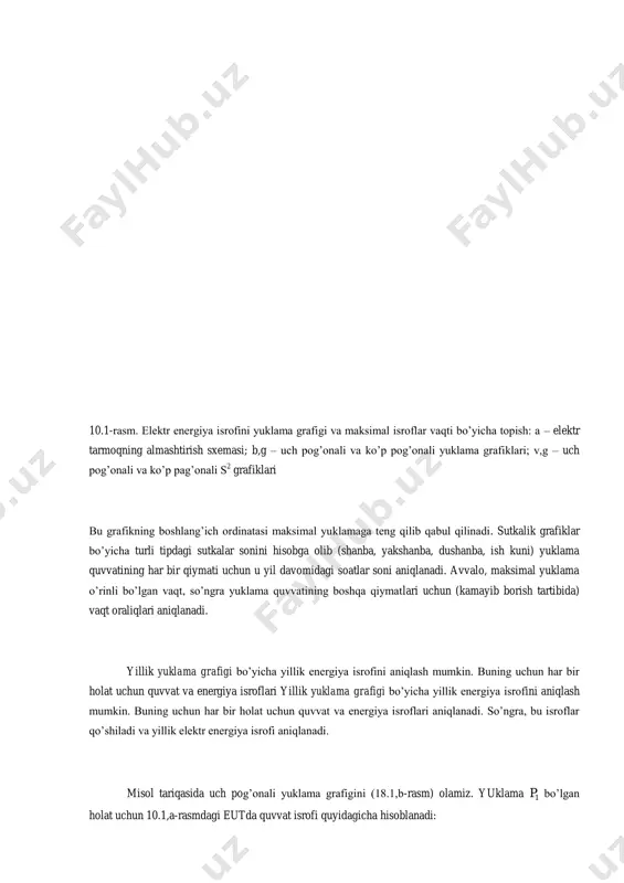 kат g) )) 10.1-rasm. elektr energiya isrofini yuklama grafigi va maksimal isroflar vaqti bo’yicha topish: a – elektr tarmoqning almashtirish sxemasi; b,g – uch pog’onali va ko’p pog’onali yuklama grafiklari; v,g – uch pog’onali va ko’p pag’onali s 2 grafiklari bu grafikning boshlang’ich ordinatasi maksimal yuklamaga teng qilib qabul qilinadi. sutkalik grafiklar bo’yicha turli tipdagi sutkalar sonini hisobga olib (shanba, yakshanba, dushanba, ish kuni) yuklama quvvatining har bir qiymati uchun u yil davomidagi soatlar soni aniqlanadi. avvalo, maksimal yuklama o’rinli bo’lgan vaqt, so’ngra yuklama quvvatining boshqa qiymatlari uchun (kamayib borish tartibida) vaqt oraliqlari aniqlanadi. yillik yuklama grafigi bo’yicha yillik energiya isrofini aniqlash mumkin. buning uchun har bir holat uchun quvvat va energiya isroflari yillik yuklama grafigi bo’yicha yillik energiya isrofini aniqlash mumkin. buning uchun har bir holat uchun quvvat va energiya isroflari aniqlanadi. so’ngra, bu isroflar qo’shiladi va yillik elektr energiya isrofi aniqlanadi. misol tariqasida uch pog’onali yuklama grafigini (18.1,b-rasm) …