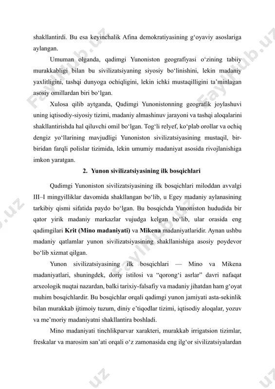 yatida patriarxallikdan ko‘ra matriarxal unsurlar mavjudligini ko‘rsatadi. mikena madaniyati esa, aksincha, harbiylashgan, shohlik tizimiga asoslangan, markazlashgan hokimiyat shaklini o‘zida mujassam etgan bo‘lib, keyinchalik yunon polislarida paydo bo‘ladigan aristokratik boshqaruvning soddalashtirilgan namunasi sifatida qaraladi. mikena saroylari devoriy tasvirlar, tobutlar, bronza qurollar, tosh va metall bezak buyumlari orqali o‘ziga xos boy arxeologik qatlamni tashkil etadi. doriy istilosi va undan keyingi “qorong‘i asrlar” avvaliga tanazzul davri sifatida ko‘rilgan bo‘lsa-da, zamonaviy tadqiqotlar bu davrda yunon jamiyatida ijtimoiy qayta shakllanish, yangi madaniy va til birliklarining shakllanishi, temir davr texnologiyalarining joriy qilinishi singari ijobiy o‘zgarishlar sodir bo‘lganini ko‘rsatadi. doriylarning kirib kelishi yunon jamiyatiga jangovar ruh, oddiylik va qat’iyatlilik ruhini olib kirdi. miloddan avvalgi ix–viii asrlarda yozuvning (alifboning) qayta tiklanishi va gomer davrining boshlanishi madaniyat va adabiyotda keskin burilish yasadi. “iliada” va “odisseya” asarlari orqali yunon xalqi o‘zining tarixiy xotirasini, qadriyatlarini, axloqiy mezonlarini va qahramonlik idealini mustahkamladi. bu asarlar yunon o‘zligini anglashda, keyinchalik falsafa va san’at rivojida …
