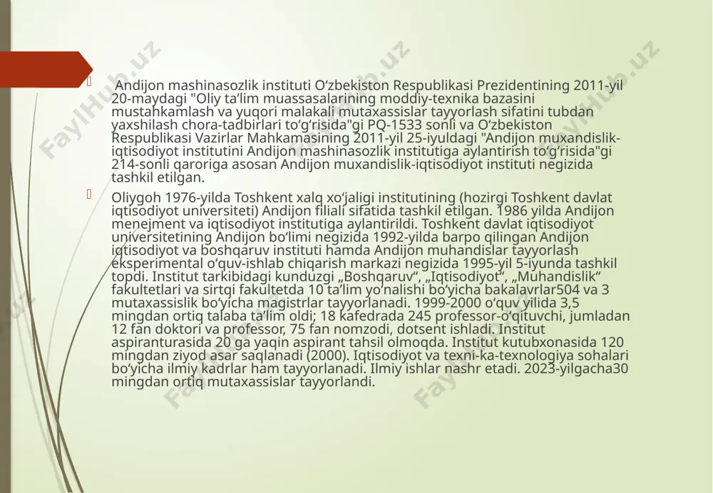 iqot ishlarida hamda labaratoriya jarayonlarida qatnashdim. bundan tashqari ishlab chiqarish sayohatiga chiqganimda o‘zimning yo‘nalishim bo‘yicha ko‘plab ma’lumotlar oldim. foydalangan adabiyotlar 1. kuchlanish rostlagichlari wikepideya 2.банников с.п. "электрооборудование автомобилей". м., транспорт, 1977. - 288с. 3. галкин й.м. "электрооборудование автомобилей и тракторов". м., машиностроение. 1968. - 280с. 4. резник а.м. "электрооборудование автомобилей". м., транспорт, 1990. - 256с. 5. илин н.м., ваняев в.й., тимофеев й.л. "электрооборудование авто-мобилей". м.транспорт, 1982. - 262с. 6. акимов с.в., боровских й.и., чижков й.п. электрическое и элек-тронное оборудование автомобилей. м., машиностроение, 1988. - 280с. image1.jpeg image2.png image3.png /docprops/thumbnail.jpeg