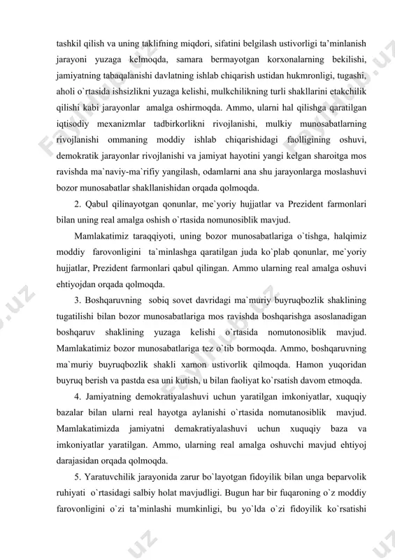 malga oshuvchi mavjud ehtiyoj darajasidan orqada qolmoqda. 5. yaratuvchilik jarayonida zarur bo`layotgan fidoyilik bilan unga beparvolik ruhiyati o`rtasidagi salbiy holat mavjudligi. bugun har bir fuqaroning o`z moddiy farovonligini o`zi ta’minlashi mumkinligi, bu yo`lda o`zi fidoyilik ko`rsatishi zarurligini to`la tushunib etmayotganligini, yana davlat menga turmush farovonligini yaxshilaydi-degan qarashlarning mavjudligi va yuzaga kelgan bozor munosabatlari vaziyatini tushunib etmaslik unga beparvo bo`lish ruhiyati mavjudligi. 6. milliy-ma`naviy tiklanish jarayoni bilan millatimiz ruxiyatiga mos kelmaydigan individalizm, boylik va mansabni xar narsadan ustun qo`yish, manmanlik, o`zgalarni nazar-pisand qilmaslik kabi illatlarning shakllanayotganlik jarayoni o`rtasida nomunosiblik kuchayib bormoqda. 7. millatimiz tarixida ulkan ma`naviy qadriyatlar darajasiga ko`tarilgan ota-onaga mehr-muruvvat, qarindosh urug`chilikka sadoqat, mexr-shavqatlik bo`lish, munosabatlarda samimiylik bo`lish kabi qadriyatlar bilan bugun tobora kuchayayotgan poraxo`rlik, o`z mansabini suistemol qilish, o`zgalar xaqqiga xiyonat qilish kabi jirkanch harakatlarning kuchayishi ota-ona, qarindosh urug`chilik kabi munosabatlaridagi salbiy holatlar o`rtasida nomunosiblik vujudga kelmoqda. 8. sobiq sho`rolar davrida dunyoqarash qoldiklari bilan shakllanayotgan yangi mustaqillik, milliy manfaat, …