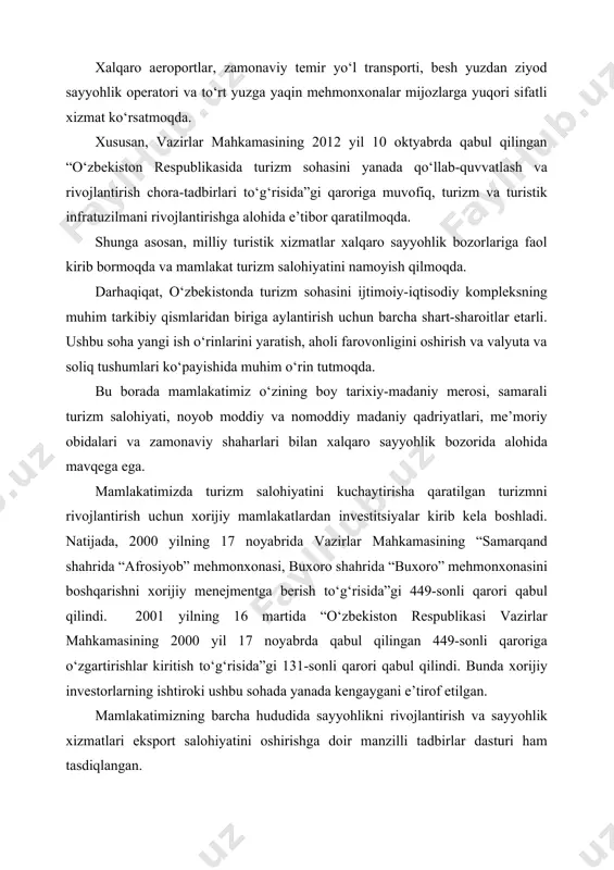 o‘g‘risida”gi 131-sonli qarori qabul qilindi. bunda xorijiy investorlarning ishtiroki ushbu sohada yanada kengaygani e’tirof etilgan. mamlakatimizning barcha hududida sayyohlikni rivojlantirish va sayyohlik xizmatlari eksport salohiyatini oshirishga doir manzilli tadbirlar dasturi ham tasdiqlangan. bundan tashqari, yurtimizda ichki turistik imkoniyatlarini targ‘ib qilish, sayyohlik bazalari, dam olish zonalari, pansionatlar, sanatoriylar, kurort va ekosayyohlik tashkilotlari faoliyatini yanada takomillashtirishga doir keng ko‘lamli ishlar amalga oshirilmoqda. shu bilan birga, mamlakatimizga tashrif buyurayotgan xorijiy mehmonlar orasida sayyohlikning ekologik, diniy-ziyorat, folklor-etnografik, ilmiy-ma’rifiy turlari ixlosmandlari ham bo‘lganligi tufayli ekspozitsiyalarda sayyohlik va dam olish infratuzilmalari, yurtimiz va xorij sayyohlarini qabul qilish uchun sog‘lomlashtirish zonalari va sanatoriylarni rivojlantirishga alohida e’tibor qaratilmoqda. yuqoridagilar bilan birga, turizmni rivojlantirish va sayyohlar oqimini ko‘paytiruvchi turistik salohiyatni yuzaga chiqarishda mehmonxona biznesi muhim o‘rin tutadi. mustaqillik yillarida mamlakatimizda amalga oshirilayotgan ulkan bunyodkorlik ishlari samarasida xorijiy mehmonlar va delegatsiyalarni qabul qilish hamda ularga zamonaviy talablar asosida xizmat ko‘rsatish imkoniyatiga ega o‘nlab mehmonxonalar qad rostladi. bu borada mavjud mehmonxonalar …