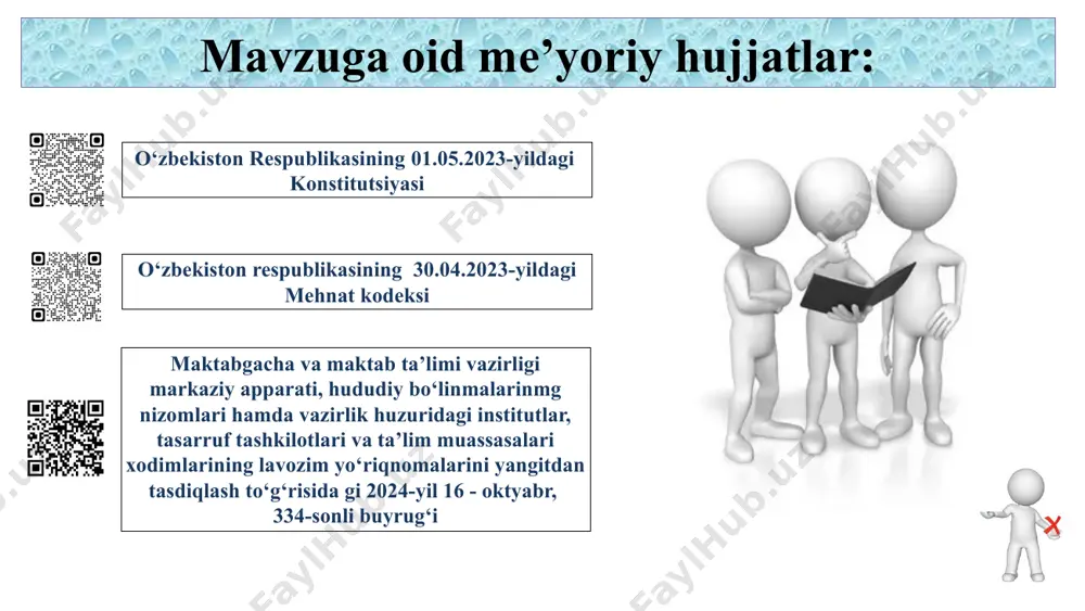 dr-qimmatini himoya qilish, ularning ijtimoiy va moddiy farovonligi, kasbiy jihatdan o‘sishi to‘g‘risida g‘amxo‘rlik qiladi. finlyandiya o‘qituvchilar shaxsiy ish rejasiga ega bo‘lib, dars berish uslublarini erkin tanlash huquqiga ega. mehnat kodeksi asosida maktablarga o‘qituvchilarga qo‘shimcha kasbiy rivojlanish kurslarini taklif qilish majburiyati yuklangan pedagoglarning kasbiy jihatdan o‘sishi, huquqiy savodhonliklarini va mehnat munosabatlarini rivojlantirish maqsadida o‘quv seminarlar tashkil etilishi kerak mavzuni qiyosiy tahlil etilganligi t/r amaldagi holat (o’zbekistonda) amaldagi holat (xorijda) takliflar 3 maktablarda pedagoglar va xodimlar muayyan va nomuayyan muddatlarga, sinov muddatisiz yoki sinov muddati bilan ishga qabul qilinadi. aqsh aqsh o‘qituvchilar shtatlar bo‘yicha turli xil shartnomalar asosida ishlaydi. ayrim shtatlarda doimiy shartnomalar mavjud bo‘lsa, ayrimlarida muddatli shartnomalar (contract-based employment) amalda. masalan, illinoys shtatida o‘qituvchilarni ishdan bo‘shatish faqat avvaldan ogohlantirish va hujjatlashtirilgan sabablar asosida amalga oshiriladi raxbarlar uchun hodimlarni ishga olish va ishdan bo‘shatish vaqtlarida mehnat kodeksidan to‘g‘ri foydalanishlari uchun malaka oshirish kurslarini tashkil etish kerak. maktab tizimida mehnat kodeksini samarali qo‘llash …