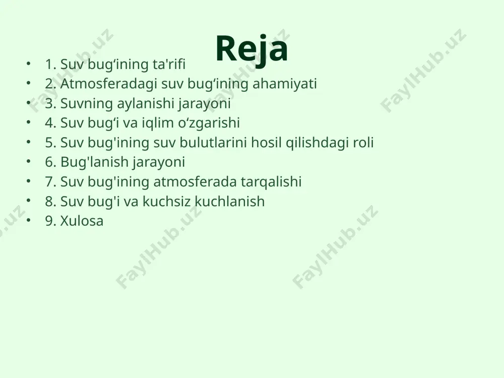 hi o'zgarishi mumkin. masalan, issiq havoda suv bug'i ko'proq bo'ladi, bu esa bulutlar hosil qilish va yog'ingarchilik miqdorini oshirishi mumkin. atmosferadagi suv bug'ining o'zgarishi global haroratni yanada oshirishi va iqlimning umumiy barqarorligiga salbiy ta'sir ko'rsatadi. shuning uchun suv bug'ini nazorat qilish iqlim o'zgarishlari bilan kurashning bir qismi hisoblanadi. suv bug'ining suv bulutlarini hosil qilishdagi roli suv bugʻi bulutlarni hosil qilishda asosiy rol o'ynaydi. atmosferada suyuqlik holatidan gaz holatiga o'tish jarayonida suv bug'i yuqoriga ko'tarilib, yuqori balandliklarda kondensatsiyalanadi. bu jarayon bulutlarning hosil bo'lishiga olib keladi. bulutlar esa yog'ingarchiliksiz tushishining asosiy manbai hisoblanadi. shu tarzda, suv bug'i havo va iqlim tizimining muhim elementi bo'lib, u hayotning ko'plab jarayonlariga ta'sir qiladi. bug'lanish jarayoni bug'lanish jarayoni — bu suvning suyuq holatidan gaz holatiga o'tish jarayonidir. odatda, bug'lanish jarayoni er yuzasidagi suv manbalaridan, masalan, daryolar, ko'llar, va okeanlardan sodir bo'ladi. harorat va iqlim sharoitlariga qarab, bug'lanish jarayoni tezligi o'zgarishi mumkin. bu jarayon nafaqat suvning aylanishi, …