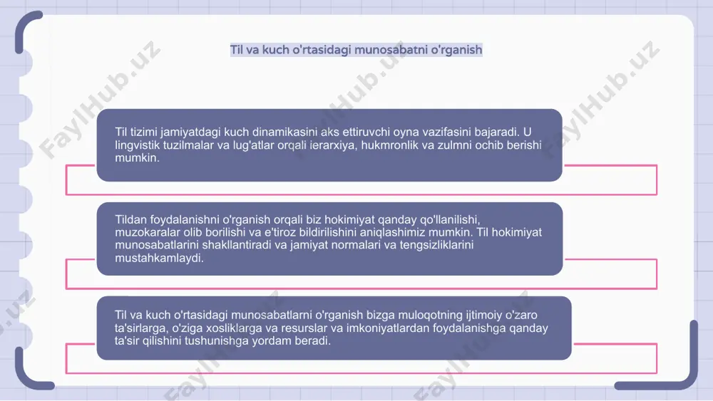 ni tahlil qilish orqali biz tilning mavjud kuch dinamikasini aks ettirishi va davom ettirish usullari haqida tushunchaga ega bo'lamiz. 1 2 3 til tahlili orqali kuch munosabatlarini dekonstruksiya qilish til tizimi aloqa dinamikasini shakllantirish orqali kuchni aks ettiradi. tilni tahlil qilish jamiyatda o'rnatilgan kuch tuzilmalarini ochib beradi. tilni dekonstruksiya qilish asosdagi kuch munosabatlari va tengsizliklarni ochib beradi. til tahlili orqali biz kuch qanday taqsimlanishi va saqlanishini ochib beramiz. til hukmronlik va zulm uchun vosita bo'lib xizmat qiladi. til kuchi dinamikasini tushunish mavjud ierarxiyalarga qarshi kurashish uchun juda muhimdir. tilning nozik tomonlarini o'rganish orqali biz zolim kuch tuzilmalarini demontaj qilishimiz mumkin. tilni dekonstruksiya qilish jamiyatdagi kuch nomutanosibligini ochib beradi va tenglik va ijtimoiy adolatni mustahkamlash uchun tushuncha beradi. til jamiyat hokimiyati ierarxiyasining ko'zgusi sifatida til tizimi kuch dinamikasini aks ettiradi. jamiyat ierarxiyasi tilni shakllantiradi. so'zlar kuchga ega, ijtimoiy kuch tuzilmalarini mustahkamlaydi. til kuch nomutanosibligini aks ettiradi va davom ettiradi. til mavjud …
