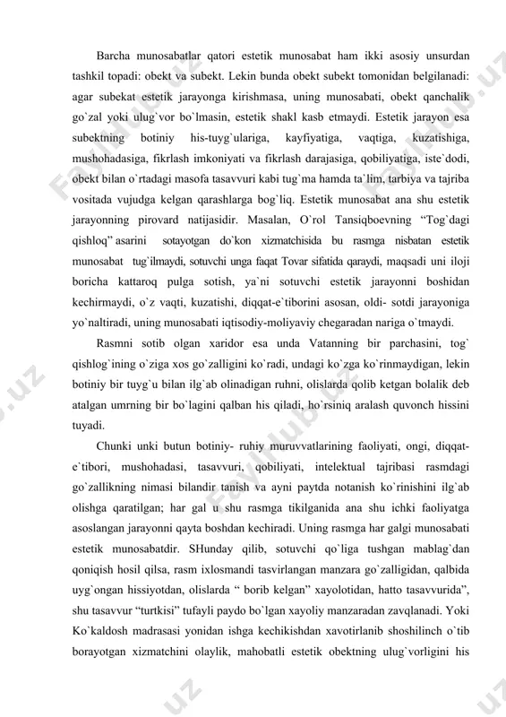 tasavvuri, qobiliyati, intelektual tajribasi rasmdagi go`zallikning nimasi bilandir tanish va ayni paytda notanish ko`rinishini ilg`ab olishga qaratilgan; har gal u shu rasmga tikilganida ana shu ichki faoliyatga asoslangan jarayonni qayta boshdan kechiradi. uning rasmga har galgi munosabati estetik munosabatdir. shunday qilib, sotuvchi qo`liga tushgan mablag`dan qoniqish hosil qilsa, rasm ixlosmandi tasvirlangan manzara go`zalligidan, qalbida uyg`ongan hissiyotdan, olislarda “ borib kelgan” xayolotidan, hatto tasavvurida”, shu tasavvur “turtkisi” tufayli paydo bo`lgan xayoliy manzaradan zavqlanadi. yoki ko`kaldosh madrasasi yonidan ishga kechikishdan xavotirlanib shoshilinch o`tib borayotgan xizmatchini olaylik, mahobatli estetik obektning ulug`vorligini his etmaydi, bu yodgorlikka nisbatan unda estetik munosabat yuzaga kelmaydi, chunki vaqt va kundalik tashvishlar iskanjasida, yuqoridagi sotuvchiga o`xshab estetik jarayonni boshidan kechirishga tayyor emas. shunga o`xshash misollarni ko`plab keltirish mumkin. estetik anglash va uning tuzilmasi. estetik anglash inson ruhiyatida o`ziga xos, chuqur ijobiy ruhiy o`zgarishlarni vujudga keltiradigan estetik holat. u estetik faoliyatining boshlanishidan avval insonni unga tayyorlovchi hodisa sifatida muhim: usiz …