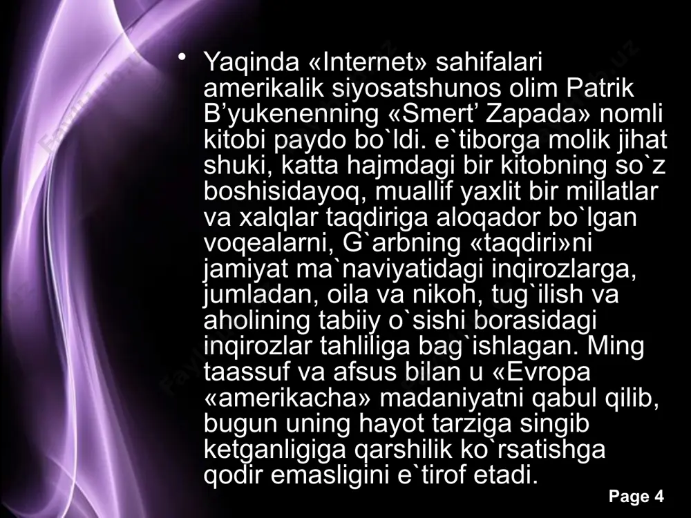 `mol»dagi madaniyatidan norozilik bizning xalq bilan bo`layotgan deyarli barcha uchrashuvlarimizda sezilib turibdi. bunday mahsulotning ilgarigi «man etilgan ne`mat»ga xos «lazzati», jozibadorligi deyarli qolmagan. hozirgi kunda xorijning madaniy qadriyatlaridan foydalinishga ancha jiddiy va tanlab yondashish ehtiyoji kuchayib bormoqda. lekin ochiq ommaviy axborot vositalari orqali tinimsiz ma`lumotlar quyulib kelayotgan sharoitda aynan hali ongi shakllanib ulgurmagan farzandlarimiz uchun tahdid ham, ataylab uyushtirilayotgan mafkuraviy tajovuzlar ham bor. page ‹#› shunday sharoitda prezidentimiz islom karimovning fikrlari biz uchun hamisha dalda bo`ladi: «eng muhimi, qalbimizda g`ururimiz, bilagimizda kuchimiz bor ekan, biz tinchlikni himoya qilishga, unga xavf solayotgan kuchlarga qarshi kurashishga, qaddimizni tik tutib, boshimizni baland ko`tarib yashashga qodirmiz. bizni qo`rqitmoqchi bo`layotgan g`alamislar shuni bilib qo`ysinki, biz hech kimga bosh egmaganmiz va hech qachon bosh egmaymiz. bunda bizga milliy g`oyamiz va mafkura g`oyaviy tayanch va asos bo`ladi (2001 yil 10 oktyabr’). page ‹#› zero, milliy mafkura xalqning maqsad-muddaolarini ifodalaydi, tarix sinovlaridan o`tishda uning ruhini ko`tarib, suyanch va …