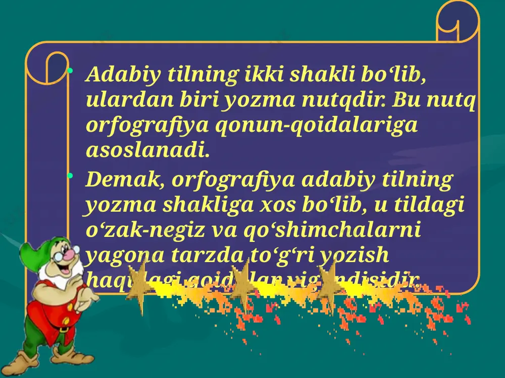 ri chegarasida kelgan ikki yoki undan ortiq undoshlar ko’chirilishi; 78 - qoida. bosh harflardan iborat qisqartmalarning satrdan-satrga ko’chirilishi; 80 – qoida. harflardan iborat shartli belgi o’zi tegishli raqamdan ajratib ko’chirilmaydi; 81 – qoida. atoqli ot tarkibiga kiradigan raqam nomdan ajratilgan holda keyingi satrga ko’chirilmaydi; 82 – qoida. ismning va otasining ismining birinchi harfiga teng qisqartmalar familiyadan ajratib ko’chirilmaydi. e`tiboringiz uchun rahmat! image1.gif image2.gif image3.png image4.gif image5.png image6.gif image7.gif image8.gif image9.png image10.png image11.gif image12.png image13.wmf image14.wmf /docprops/thumbnail.jpeg