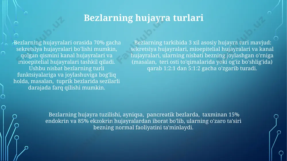 tromal hujayralar faolligining 30% ga oshishi bilan bog'liq bo'lib, samarqand viloyatida o'tkazilgan tadqiqotlar buni tasdiqlaydi. bezlarning to'liq regeneratsiyasi uchun zarur bo'lgan ozuqa moddalarining miqdori, taxminan 15mg/kg tana vazniga teng va bu ko'rsatkich toshkentda o'tkazilgan sinovlarda aniqlangan. bezlarning regeneratsiya tezligi, atrof muhit harorati bilan bog'liq bo'lib, 25°c da optimal darajada sodir bo'ladi va buxoro shahrida amalga oshirilgan kuzatuvlar buni ko'rsatadi. bezlarning sekretsiya mexanizmi bezlarning sekretsiya faolligini 5-10% gacha o'zgartiradigan faktorlar orasida gormonlar, masalan, somatotropin va kalsiy darajasi muhim rol o'ynaydi. bu samarqand universiteti tadqiqotlari natijasida tasdiqlangan. bezlar sekretsiyasi jarayonida 100 ga yaqin fermentlar ishtirok etadi va bu fermentlarning faolligi temperatura va ph kabi omillarga bog'liq bo'lib, optimum sharoitda 37°c da amalga oshadi. bezlar sekretsiyasi jarayonida 100 ga yaqin fermentlar ishtirok etadi va bu fermentlarning faolligi temperatura va ph kabi omillarga bog'liq bo'lib, optimum sharoitda 37°c da amalga oshadi. bezlarning rivojlanish bosqichlari bezlarning ikkinchi bosqichi, 1990-yillarning boshlarida samarqanddagi ilmiy-tadqiqot institutida o'tkazilgan sinovlardan …