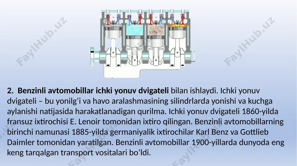 vigateli – avtomobilni harakatga keltiruvchi, yanada aniq aytganda, avtomobilning g'ildiraklariga kuch beruvchi qurilma. avtomobil dvigatellari turli xil bo'lishi mumkin, lekin asosan ichkiy yonilg'i va elektr dvigatellari keng tarqalgan. ichkiy yonilg'i dvigatellari yonish qo'llanadigan yoqilg'idan olingan energiyani mekhanik energiyaga aylantiradi. elektr dvigatellari esa elektr energiyani mekhanik energiyaga aylantiradi. avtomobil dvigatellarining evolyutsiyasi 19-asr oxiridan boshlanib, 20-21-asrlarda katta rivojlanishga erishdi. avtomobil dvigatellari yanada samarali, tez, xavfsiz va ekologik bo'ldi. avtomobil dvigatellari turli xil yoqilg'ilar va energiya manbalaridan foydalanish imkonini topdi. masalan, gaz, benzin, dizel, hidrogen, akkumulyatorlar va boshqalar.- avtomobil dvigatellarining kelajagi esa yanada keng imkoniyatlarga ega bo'lishi mumkin. avtomobil dvigatellari yanada kamroq yoqilg'i sarflaydigan, yanada kamroq atmosferaga zarar beradigan, yanada tez va avtonom harakat qiladigan bo'lishi kutilmoqda. avtomobil dvigatellari hamkorlik va aloqa tizimlarini rivojlantirishi ham mumkin. 6. foydalangan adabiyotlar 1.avtomobilning umumiy tuzilishi kitobi 2012 2.transport vositalarining tuzilishi va nazariyasi (3-nashr)2017 3.dvigatellar va avtomobil nazariyasi image1.png image2.png image3.png /docprops/thumbnail.jpeg