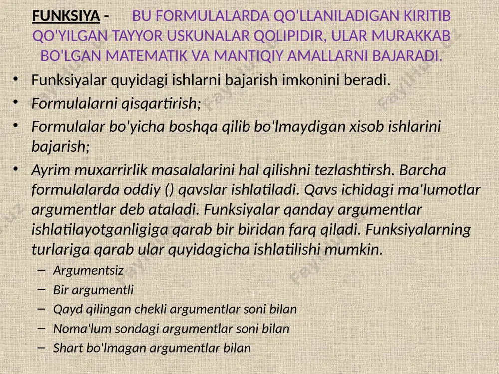 ulani yangi joyga moslaydi va u =d2*e2 ko'rinishda bo'ladi. nisbiy o'tkazishda boshqa yacheykalarga nusxa olishda yacheyka o'z qiymatini o'zgartiradi. absolyut o'tkazish pochta manziliga o`xshash: u elektron jadvalda aniq joyni ko'rsatadi. absolyut o'tkazishlarga shunday xollarga murojat etish kerakki, undagi axborotlardan nusxa olinganda yacheykadagi ma'lumotlar o'zgarishsiz qolishi kerak . bunda yacheykaga nisbatan nusxa olinayotgan formulani saqlashga qaramagan xolda turar joyi o'zgartirilmaydi. absolyut o'tkazish hosil qilish uchun berilgan ustun va qator nomerining oldiga dollar “$” belgisini qo'yish kerak. masalan b1 yacheykada absolyut o'tkazish amalga oshirilsa u quyidagi ko'rinishda yoziladi. =$b$1 jadvaldagi formulalar boshqa yacheykalarga ko'chirilayotgan bo'lsa ham shu tarzida aks ettiriladi. absolyut o'tkazishda qayerga nusxa olinayotganiga qaramasdan bitta yacheyka nomini ko'rsatadi. aralash o'tkazish. bu o'tkazishda yacheykalardagi ma'lumotlar absolyut o'tkazish bo'ladi, agar o'tkazish faqat bitta qator, bitta ustunga ma'lumotlar o'tkazish bo'lsa. shunday o'tkazishni o'zida jamlangan formulalardan nusxa ko'chirishda absolyut o'tkazish bitta qatorda yoki bitta ustunda o'zgarishi mumkin, faqat birlikda bo'lmagan xolda. masalan $a2 o'tkazishda …