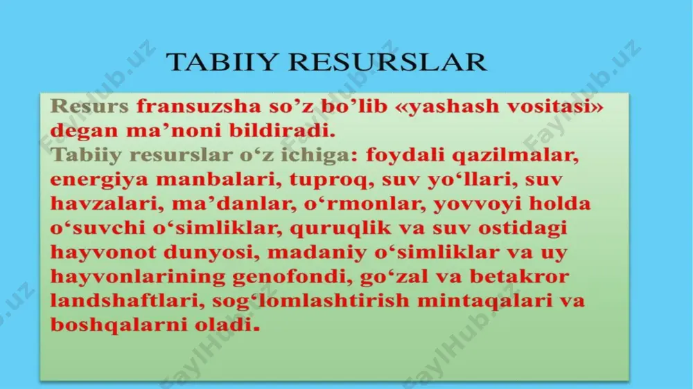 pi ichimlik manbalarining tanqisligini boshdan kechirmoqda. braziliya, rossiya, kanada, aqsh suvga eng boy davlatlar qatoriga kiradi, quvayt, iordaniya, saudiya arabistoni va yaman esa eng kam toza manbalarga ega. eng muhim ekspluatatsion er osti suv resurslari evropa qismining yirik artezian havzalarida - moskva, shimoliy-g'arbiy, sursko-xoperskiyda to'plangan. suvning tabiiy resurs sifatidagi maqsadi odamlar, hayvonlar va o'simliklarning hayotiy ehtiyojlarini qondirishdir. ishlab chiqarish va xo'jalik faoliyatida odam suvni tozalash, yuvish, uskunalar va materiallarni sovutish, o'simliklarni sug'orish, gidrotransport va muayyan jarayonlarni (elektr energiyasini ishlab chiqarish) ta'minlash uchun foydalanadi. suv muhiti baliq ovlash, suv ostidan xom ashyo (marganets, nikel, kobalt) va yoqilg'i (neft) qazib olish uchun ishlatiladi. o'rmonlar bir necha yuz yillar davomida o'rmon resurslari maydoni ikki baravar kamaydi. ammo hozir ham ular sayyoramizning 30 foizini egallaydi. shimoliy yarim sharda ular asosan ignabargli va aralash o'rmonlar bo'lib, mo''tadil zonada eng yuqori konsentratsiyaga ega. janubiy yarimsharda ular asosan keng bargli tropik va ekvatorial o'rmonlar bilan ifodalanadi. o'rmonlar …