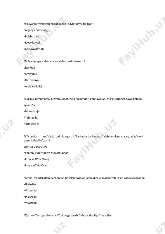davlati vujudga kelgani = qoraxitoylar davlati arab xalifaligini bosib olgani uchun ? sunnatni tan olmagan musulmonlar qanday atalgan? shialar = sunniylar = mavrikiylar = mazdakiylar ? xalifa alining avlodlari qanday nomlangan? fotimiylar = karmatiylar = mazdakiylar = mavrikiylar ? misr qachon mustaqil qohira xalifaligiga aylantirilgan? 969-yil = 929-yil = 959-yil = 960-yil ? saljuqiy turklar bog’dodni qachon bosib olgan? 1055-yil = 1005-yil = 1050-yil = 1053-yil ? arab xalifaligi davrida somoniylar davlatining markazi qaysi shahar bo’lgan? buxoro = samarqand = xorazm = qarshi ? arab xalifaligi qachon, qaysi davlat tomonidan parchalanib yuboriladi? mo’g’ullar davlati tomonidan, 1258-yil = qoraxitoylar tomonidan, 1255-yil = sosoniylar tomonidan, 1253-yil = xorazmshohlar davlati tomonidan 1258-yil ? arab xalifaligida xarbiy xizmat o’taganligi uchun beriladigan chek yerlar nima deb nomlangan? iqto = vaqf yerlar = hissa = kopchur ?usmonli imperiyasiga kim asos solgan? usmon 1 =usmon2 =usmon3 =mehret ?usmonli imperiyasining tillari? arab va fors =ingliz fransuz =rus slavyan …