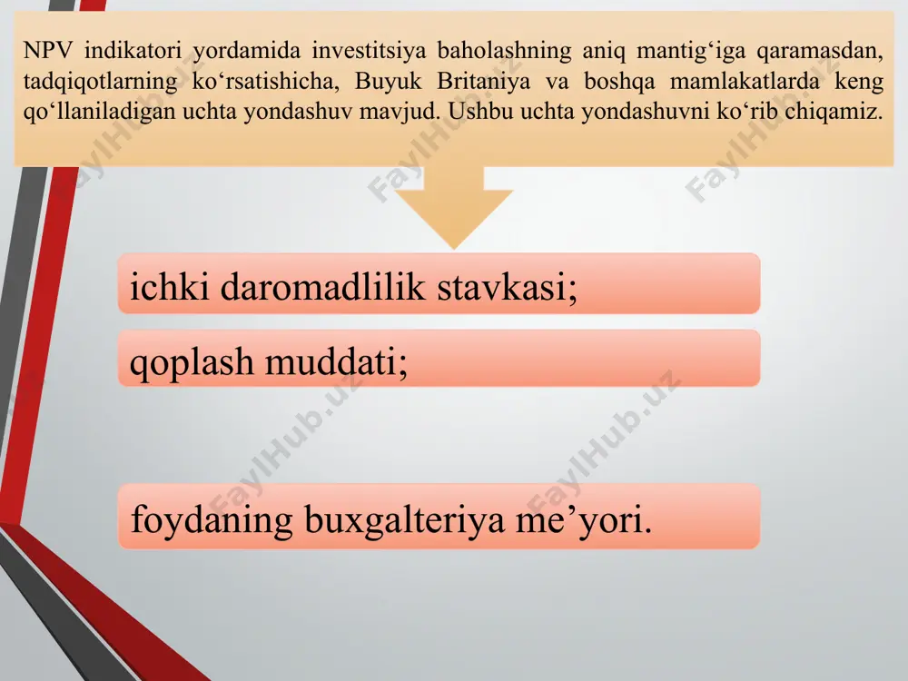 vrini (payback period, pbp) aniqlash usuli oddiy savol tug‘diradi: kutilayotgan pul oqimlari natijasida investitsiya qilingan mablag‘lar qancha vaqt ichida qoplanadi? quyidagi pul oqimlari ko‘rib chiqilgan 1-rasmga qaytamiz: «zenit», f. st. «super», f. st. narx (bir vaqtning o‘zida to‘lanadi) 20 000 25 000 har yilgi tejamkorlik: yil 1 4 000 8 000 2 6 000 6 000 3 6 000 5 000 4 7 000 6 000 5 6 000 8 000 «zenit» «super» 4 yil, (pul oqimi har bir marta yil oxiriga to‘g‘ri kelish sharti bilan) yoki 34/7 yil (pul oqimi yil davomida teng ravishda taqsimlanganda) 4 yil investitsiyaviy imkoniyatlarni hisobga olib, kutilayotgan qoplash davri quydagicha bo‘lishi kerakligi haqida xulosaga keldik: pbp usuli pul oqimlarining vaqt jihatlarini hisobga oladi. u loyihaning hayot aylanishini ikki qismga ajratadi: qoplanish muddati va qolgan davr. shunday qilib, pbp pul oqimini ularning paydo bo‘lish vaqtiga qarab hisobga olinmaydi. u pul oqimini ikki toifaga bo‘ladi: qoplanish …